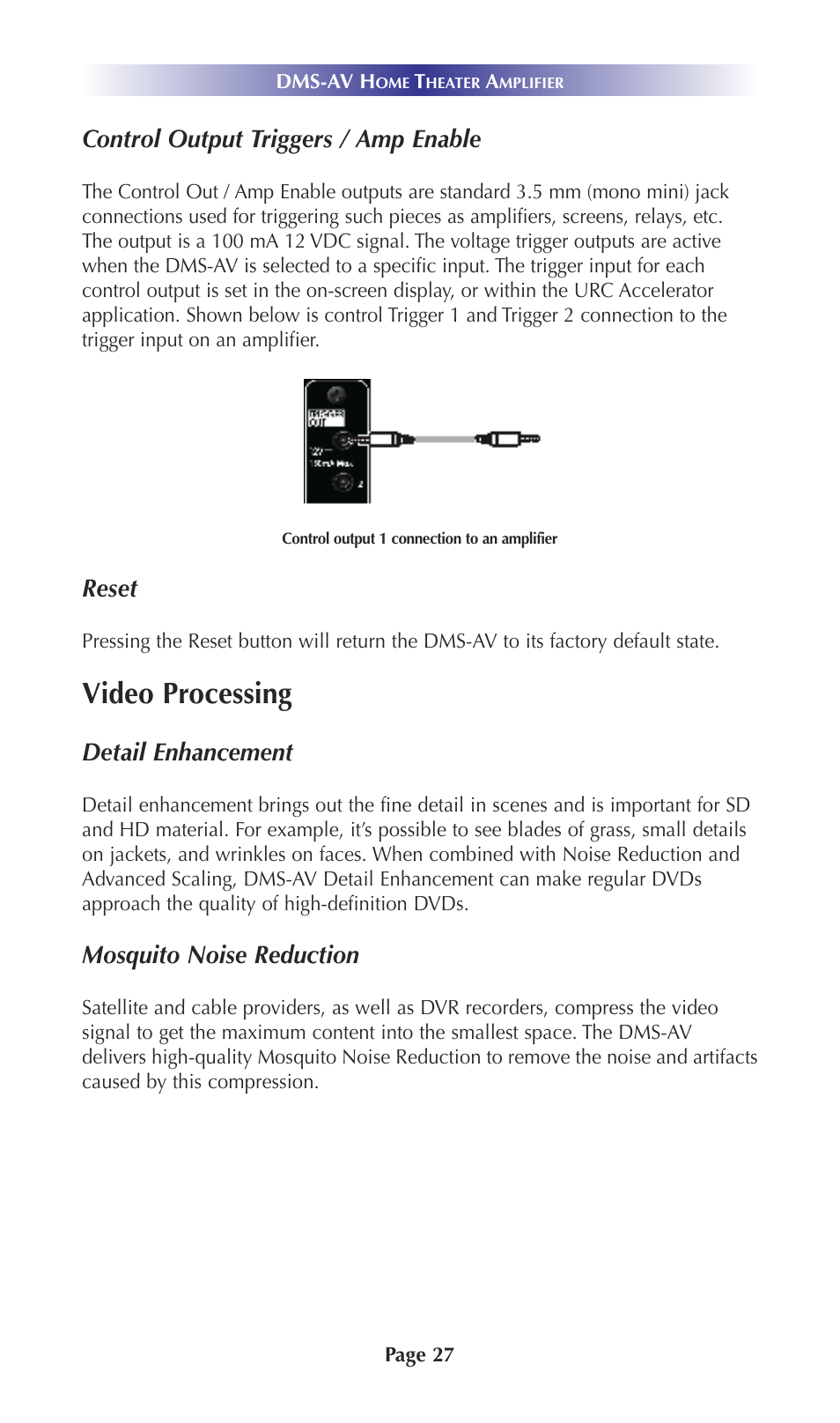 Video processing, Control output triggers / amp enable, Reset | Detail enhancement, Mosquito noise reduction | Universal Remote Control (URS) DMS-AV TSP20007.10.14 User Manual | Page 26 / 50