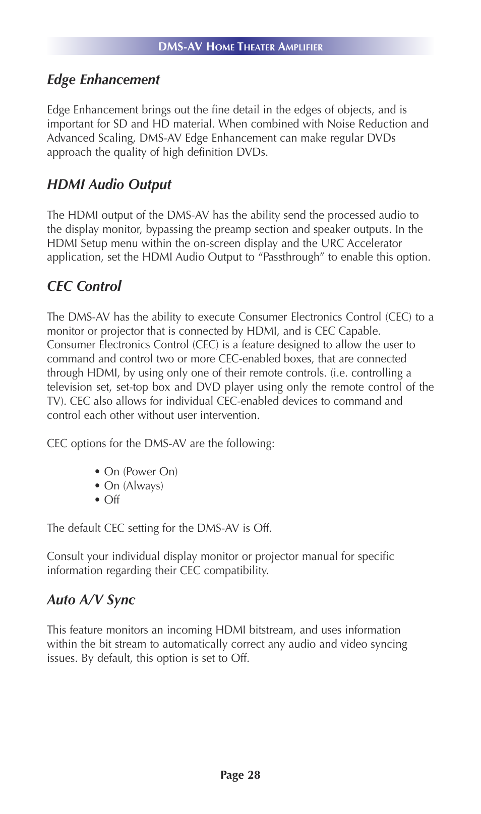 Edge enhancement, Hdmi audio output, Cec control | Auto a/v sync | Universal Remote Control (URS) DMS-AV TSP20007.10.14 User Manual | Page 27 / 50