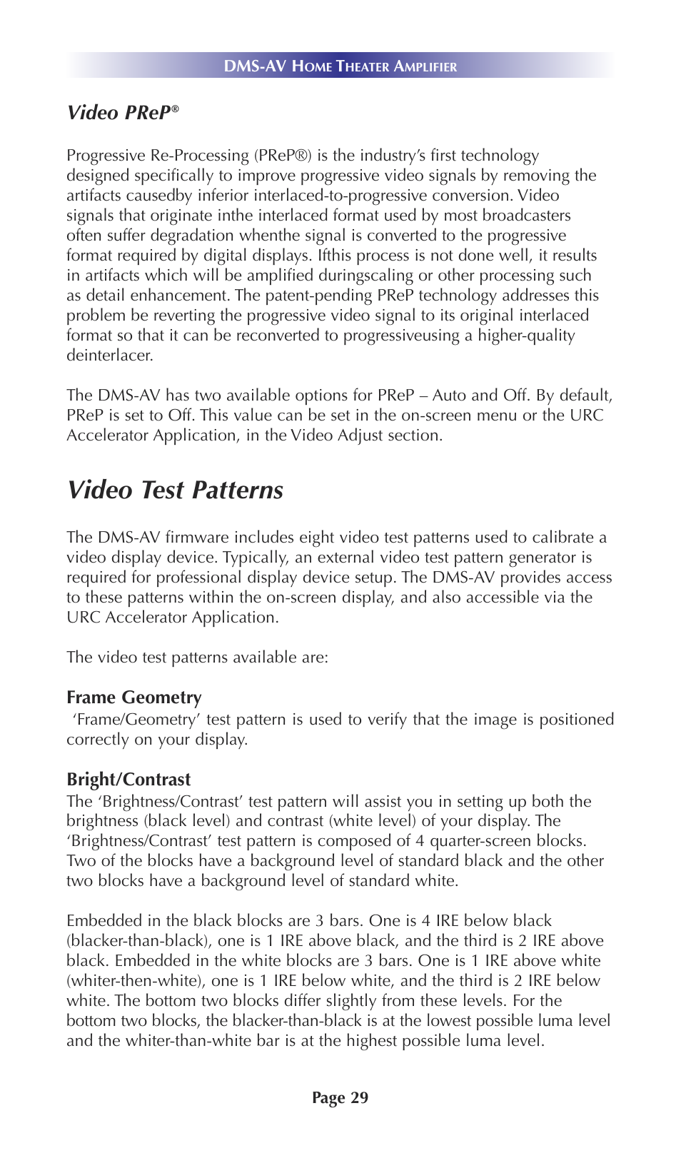 Video test patterns, Video prep | Universal Remote Control (URS) DMS-AV TSP20007.10.14 User Manual | Page 28 / 50