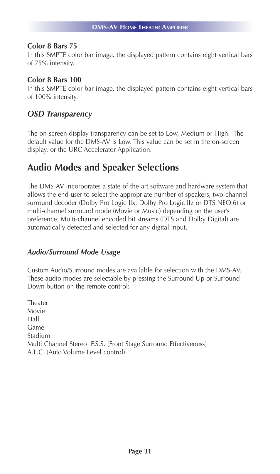 Audio modes and speaker selections, Osd transparency | Universal Remote Control (URS) DMS-AV TSP20007.10.14 User Manual | Page 30 / 50