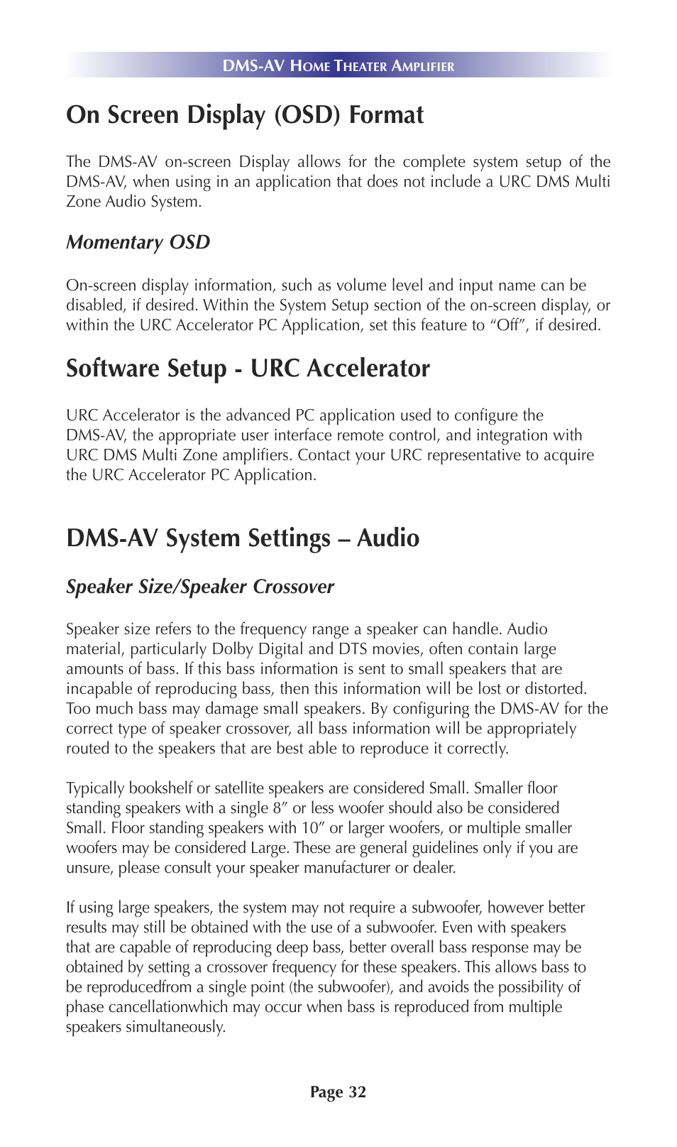 On screen display (osd) format, Software setup - urc accelerator, Dms-av system settings – audio | Universal Remote Control (URS) DMS-AV TSP20007.10.14 User Manual | Page 31 / 50