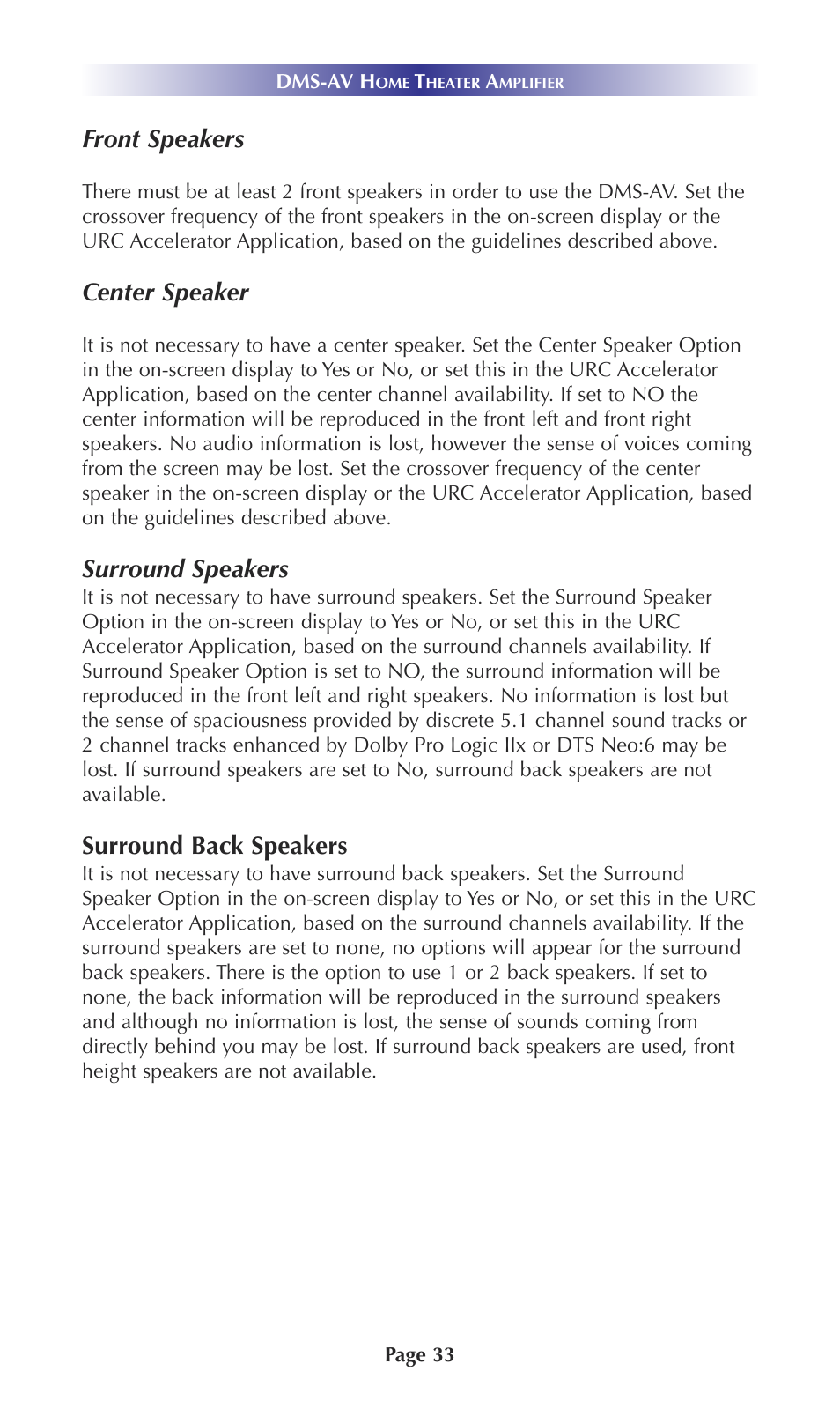 Front speakers, Center speaker, Surround speakers | Surround back speakers | Universal Remote Control (URS) DMS-AV TSP20007.10.14 User Manual | Page 32 / 50