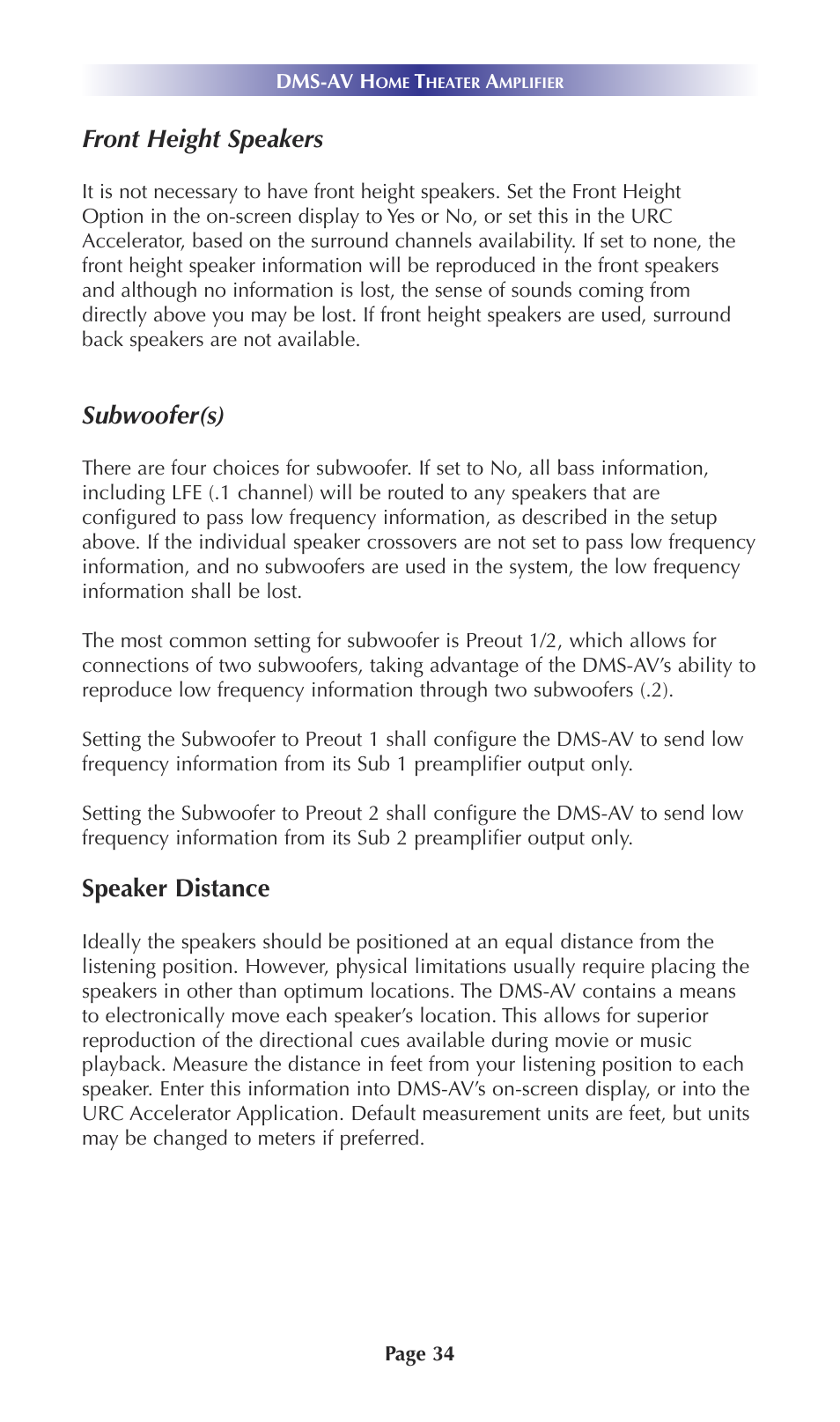 Front height speakers, Subwoofer(s), Speaker distance | Universal Remote Control (URS) DMS-AV TSP20007.10.14 User Manual | Page 33 / 50