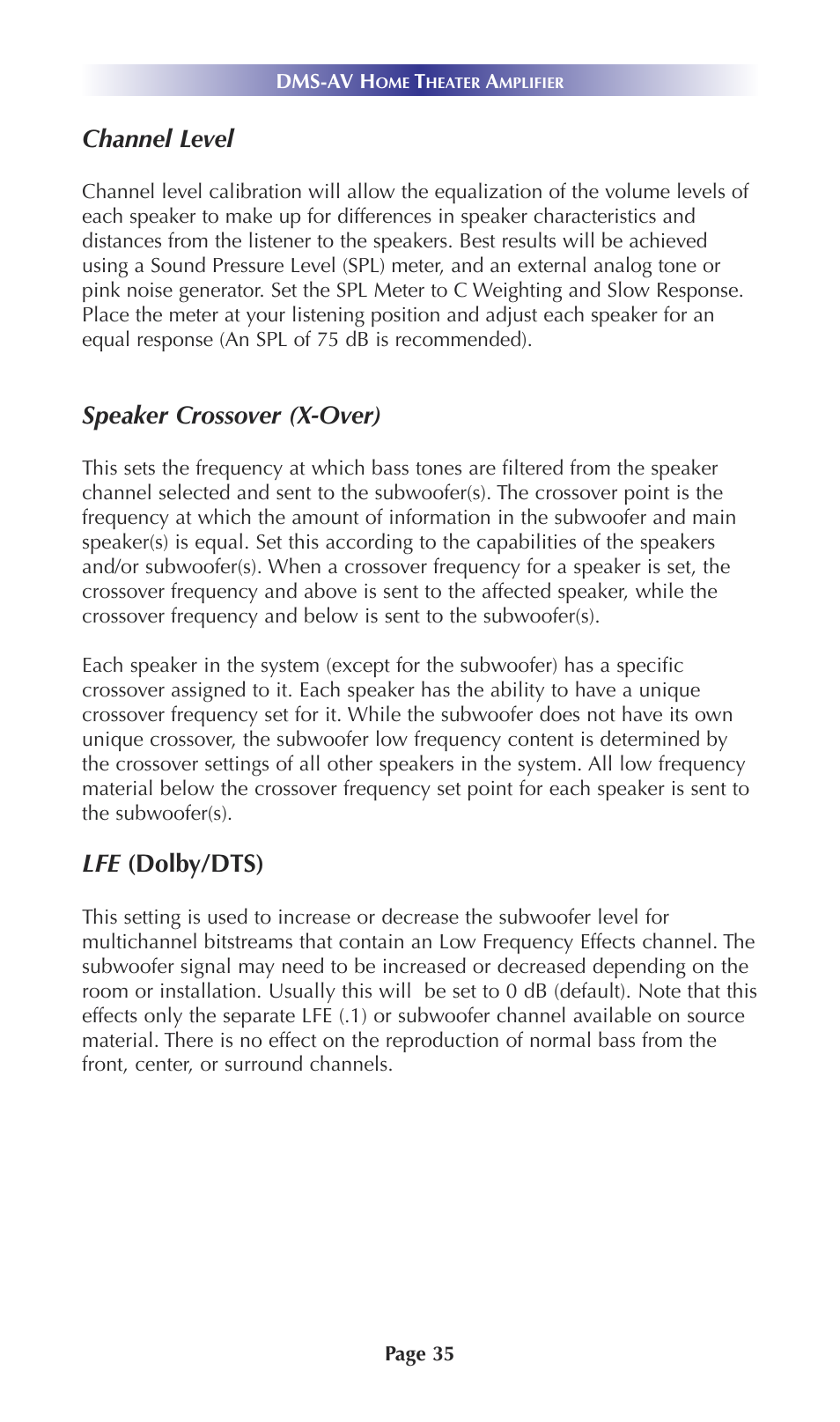 Channel level, Speaker crossover (x-over), Lfe (dolby/dts) | Universal Remote Control (URS) DMS-AV TSP20007.10.14 User Manual | Page 34 / 50