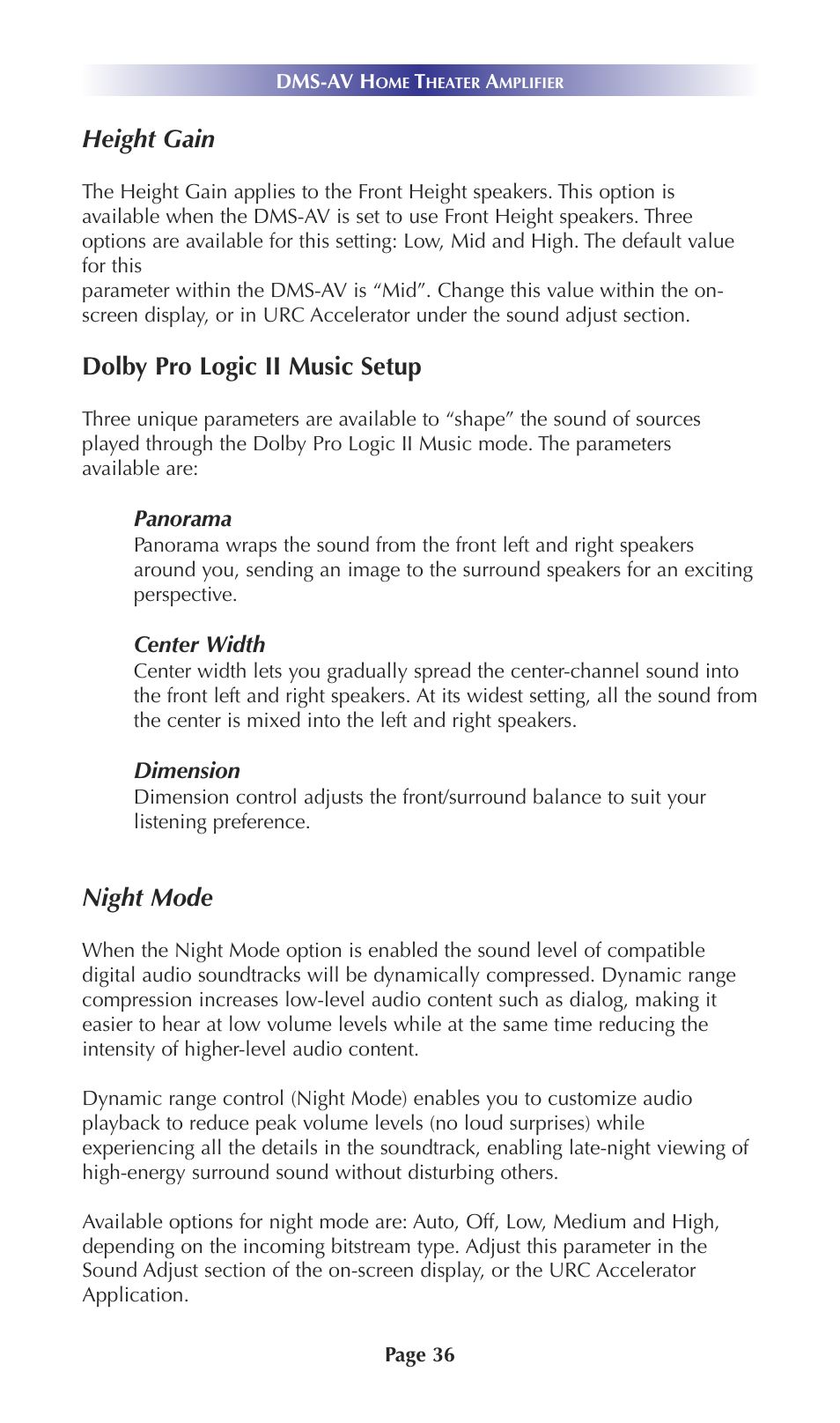 Height gain, Dolby pro logic ii music setup, Night mode | Universal Remote Control (URS) DMS-AV TSP20007.10.14 User Manual | Page 35 / 50