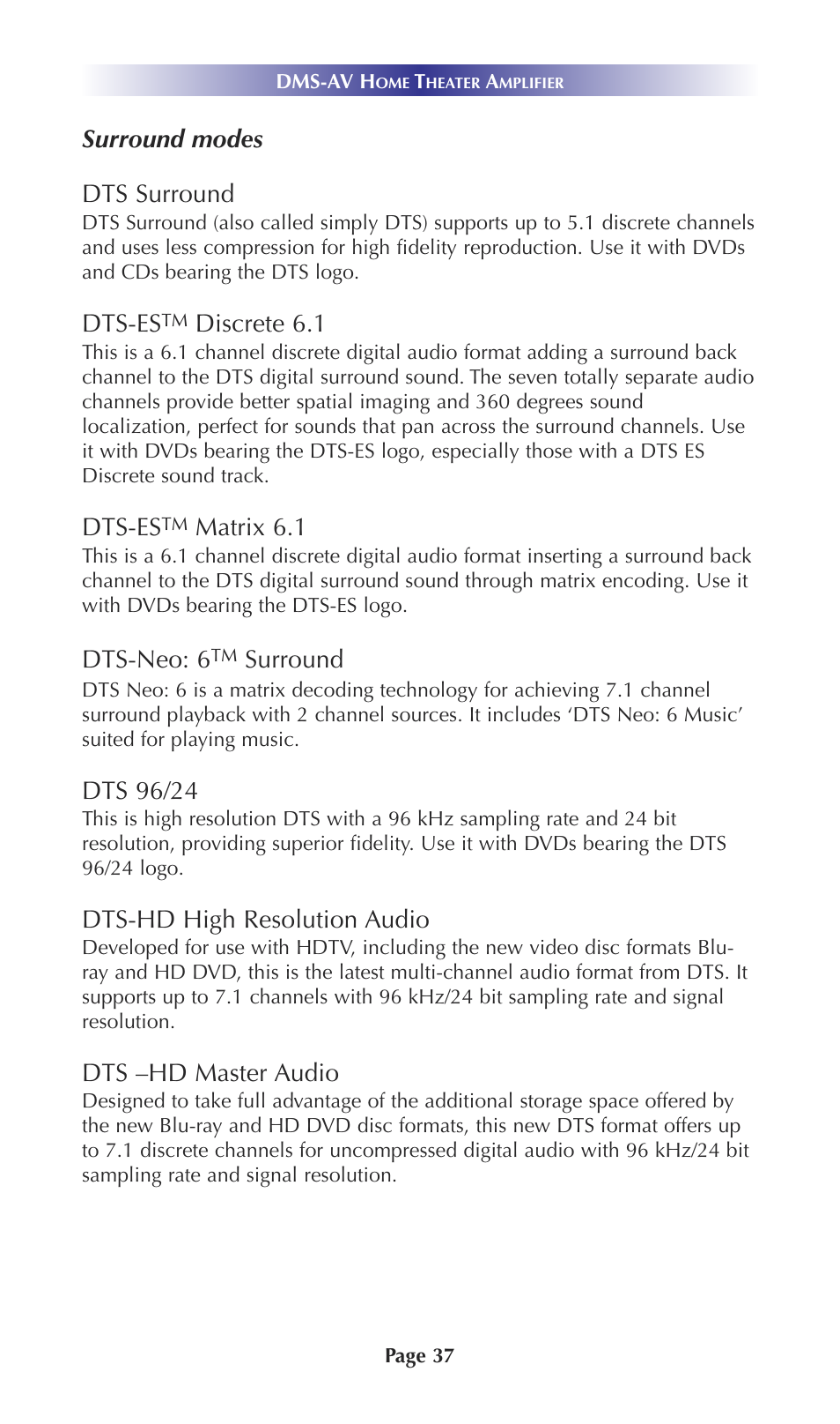 Surround modes dts surround, Dts-es, Discrete 6.1 | Matrix 6.1, Dts-neo: 6, Surround, Dts 96/24, Dts-hd high resolution audio, Dts –hd master audio | Universal Remote Control (URS) DMS-AV TSP20007.10.14 User Manual | Page 36 / 50