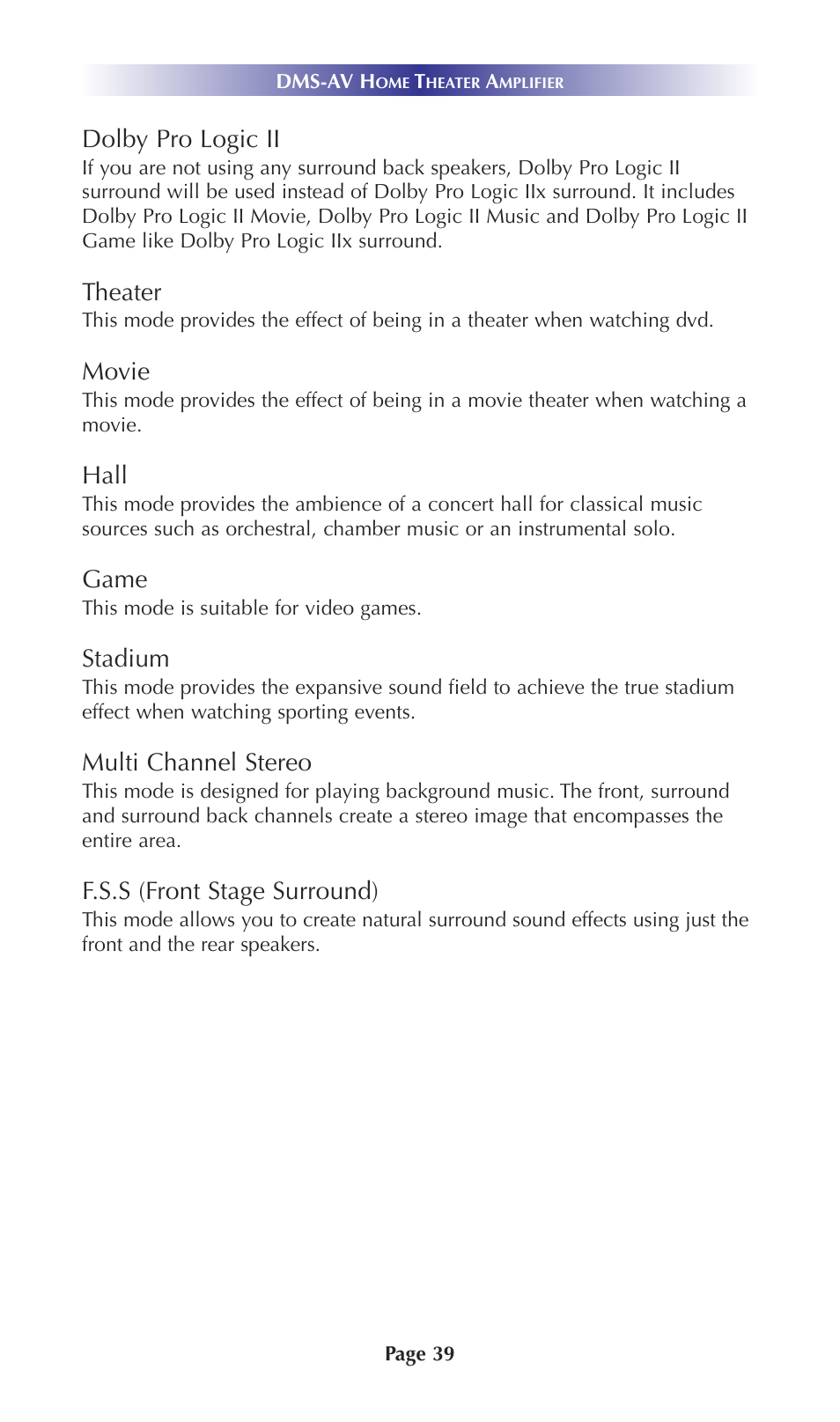 Dolby pro logic ii, Theater, Movie | Hall, Game, Stadium, Multi channel stereo, F.s.s (front stage surround) | Universal Remote Control (URS) DMS-AV TSP20007.10.14 User Manual | Page 38 / 50