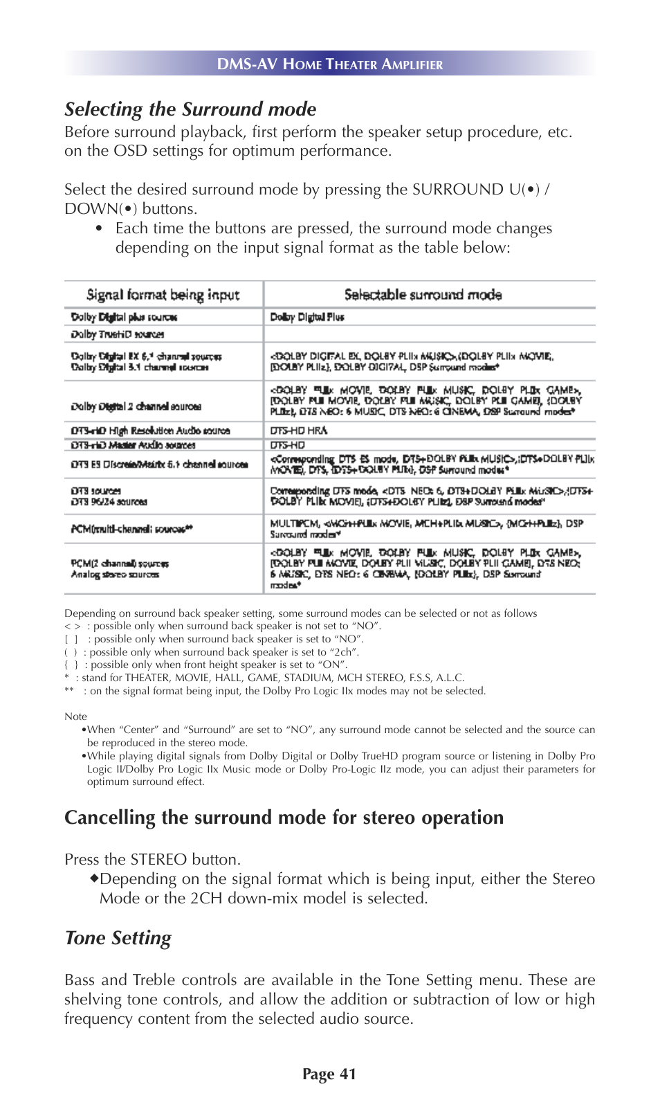 Selecting the surround mode, Cancelling the surround mode for stereo operation, Tone setting | Universal Remote Control (URS) DMS-AV TSP20007.10.14 User Manual | Page 40 / 50