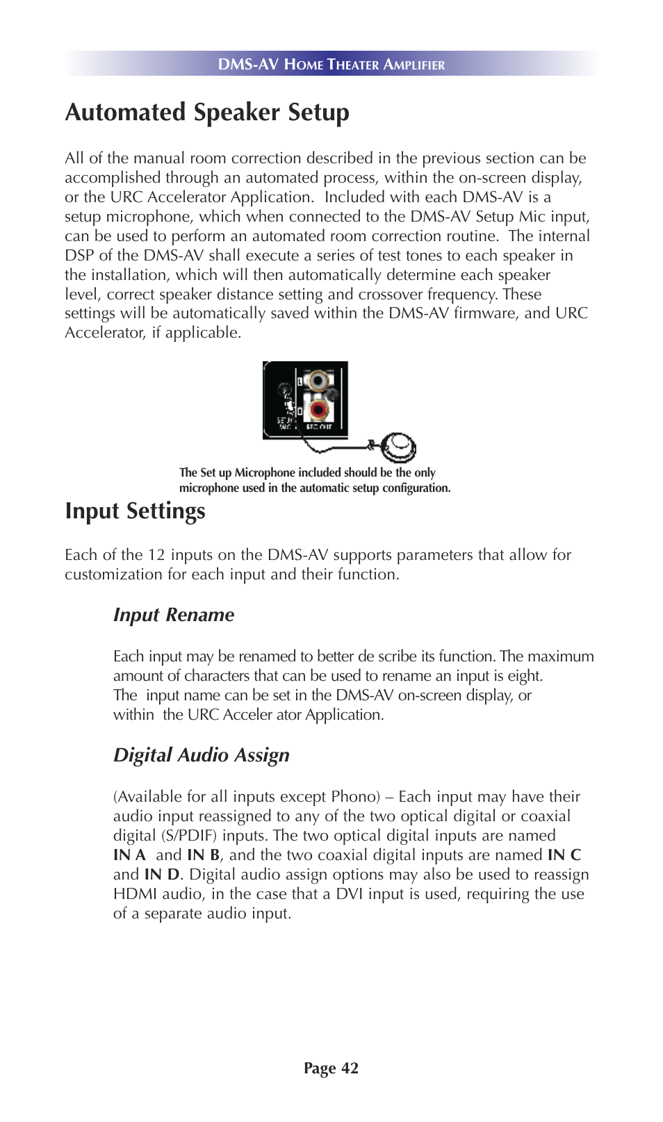 Automated speaker setup, Input settings, Input rename | Digital audio assign | Universal Remote Control (URS) DMS-AV TSP20007.10.14 User Manual | Page 41 / 50