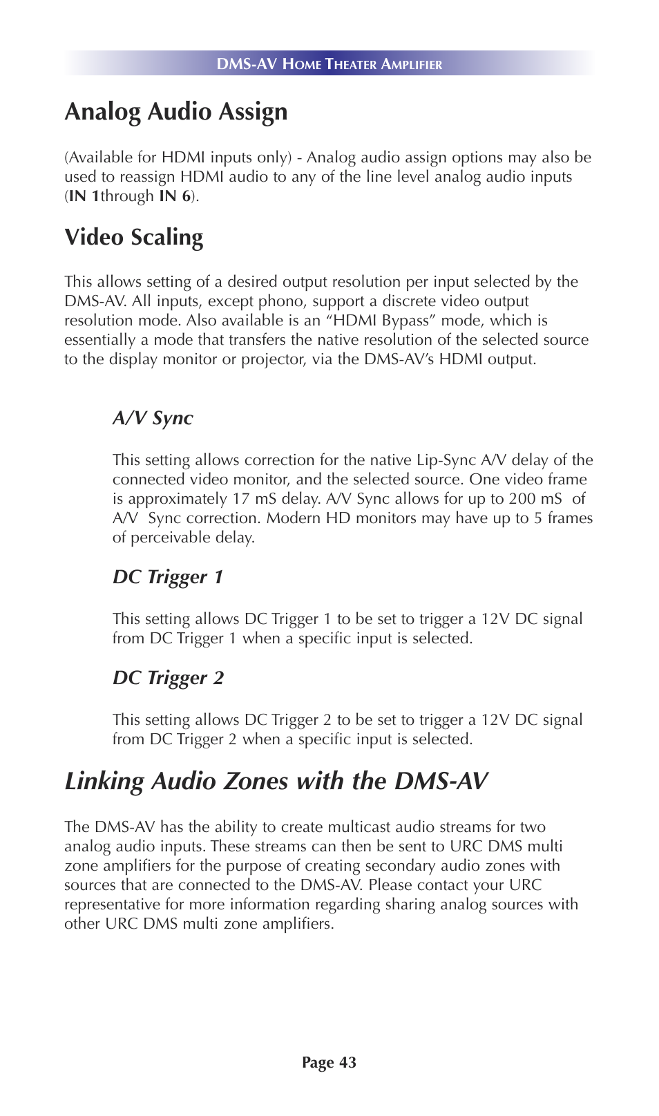 Analog audio assign, Linking audio zones with the dms-av, Video scaling | Universal Remote Control (URS) DMS-AV TSP20007.10.14 User Manual | Page 42 / 50