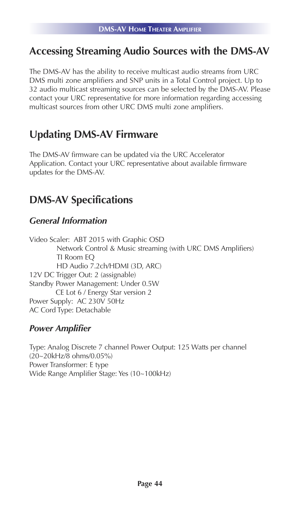 Accessing streaming audio sources with the dms-av, Updating dms-av firmware, Dms-av specifications | General information, Power amplifier | Universal Remote Control (URS) DMS-AV TSP20007.10.14 User Manual | Page 43 / 50