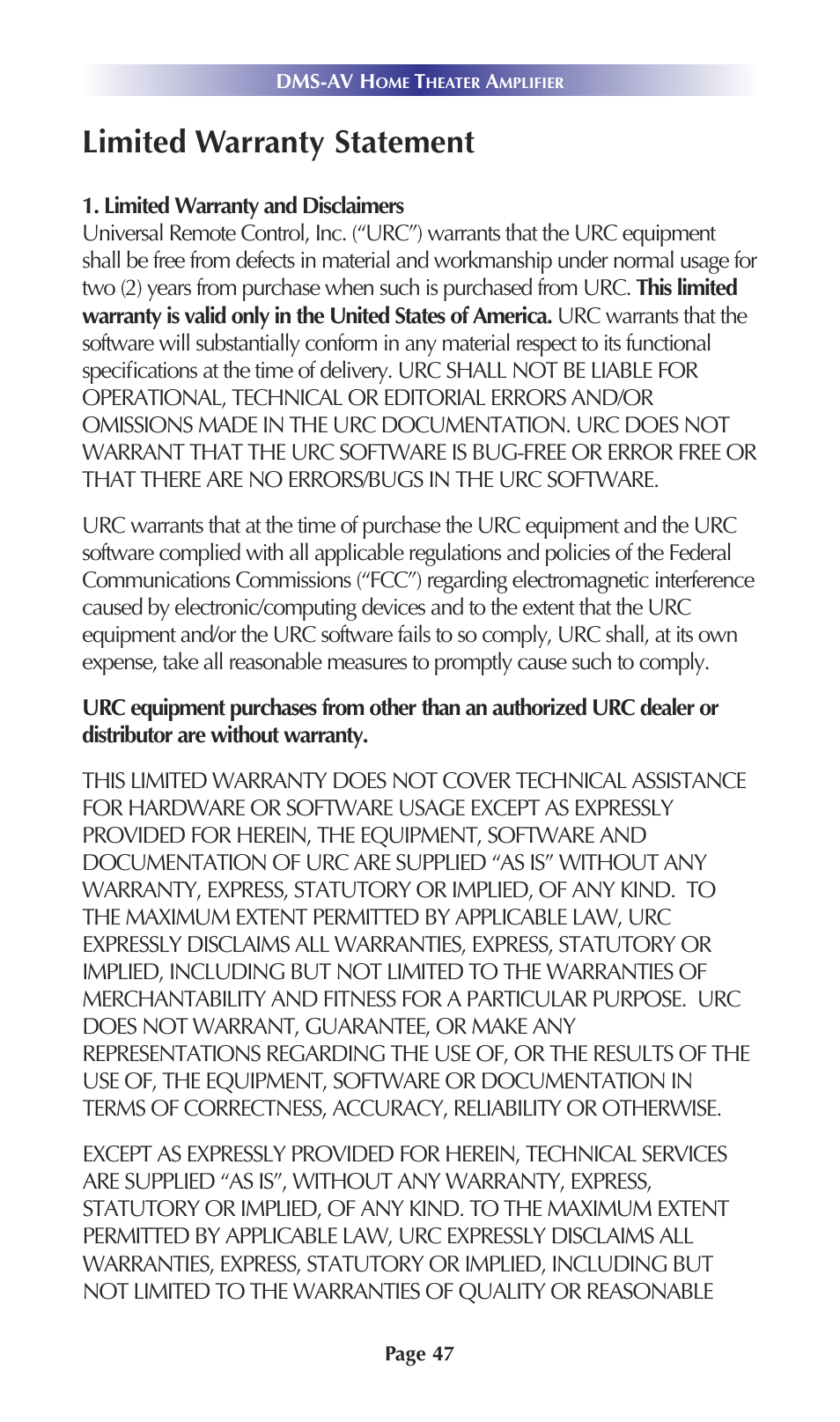 Limited warranty statement | Universal Remote Control (URS) DMS-AV TSP20007.10.14 User Manual | Page 46 / 50