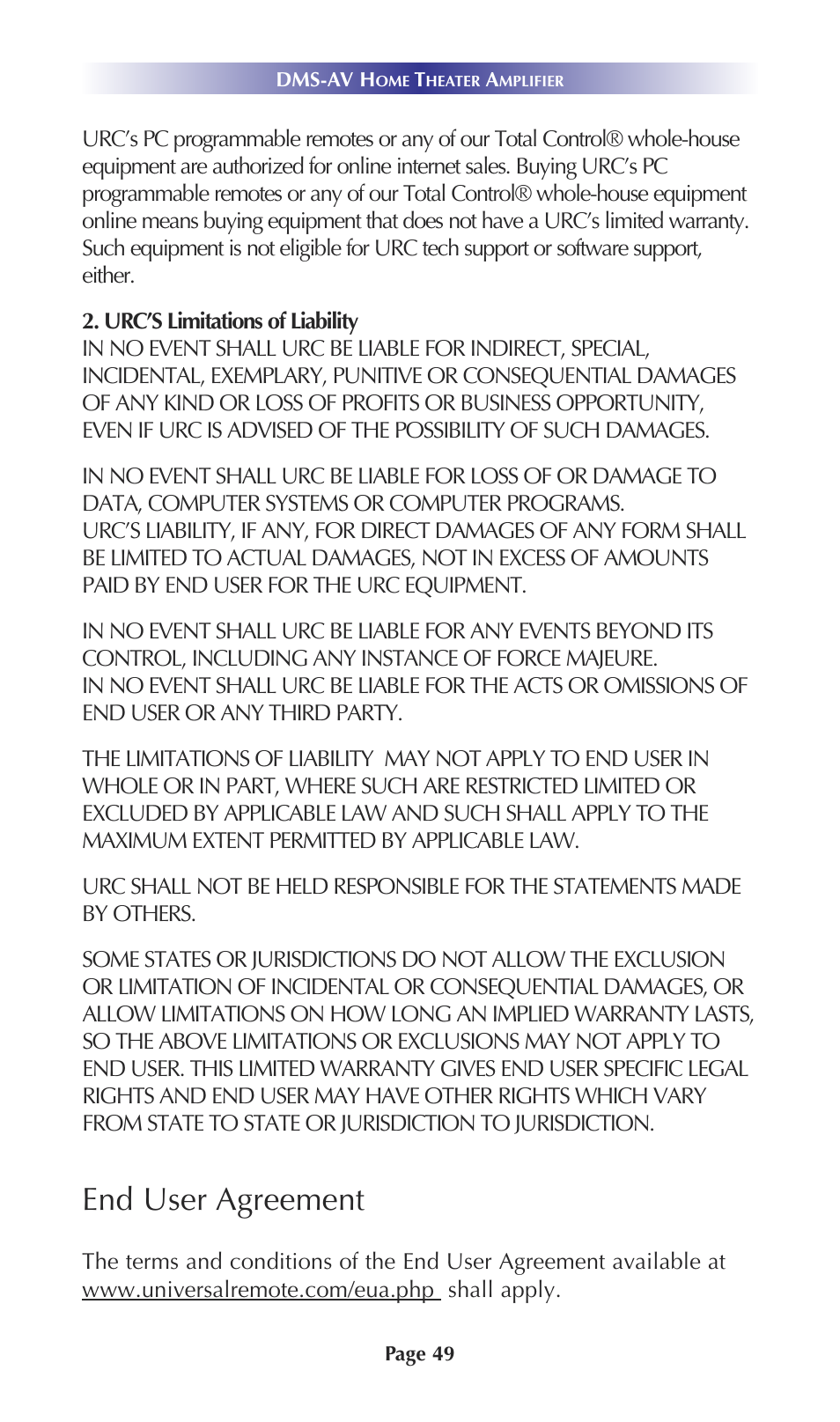 End user agreement | Universal Remote Control (URS) DMS-AV TSP20007.10.14 User Manual | Page 48 / 50