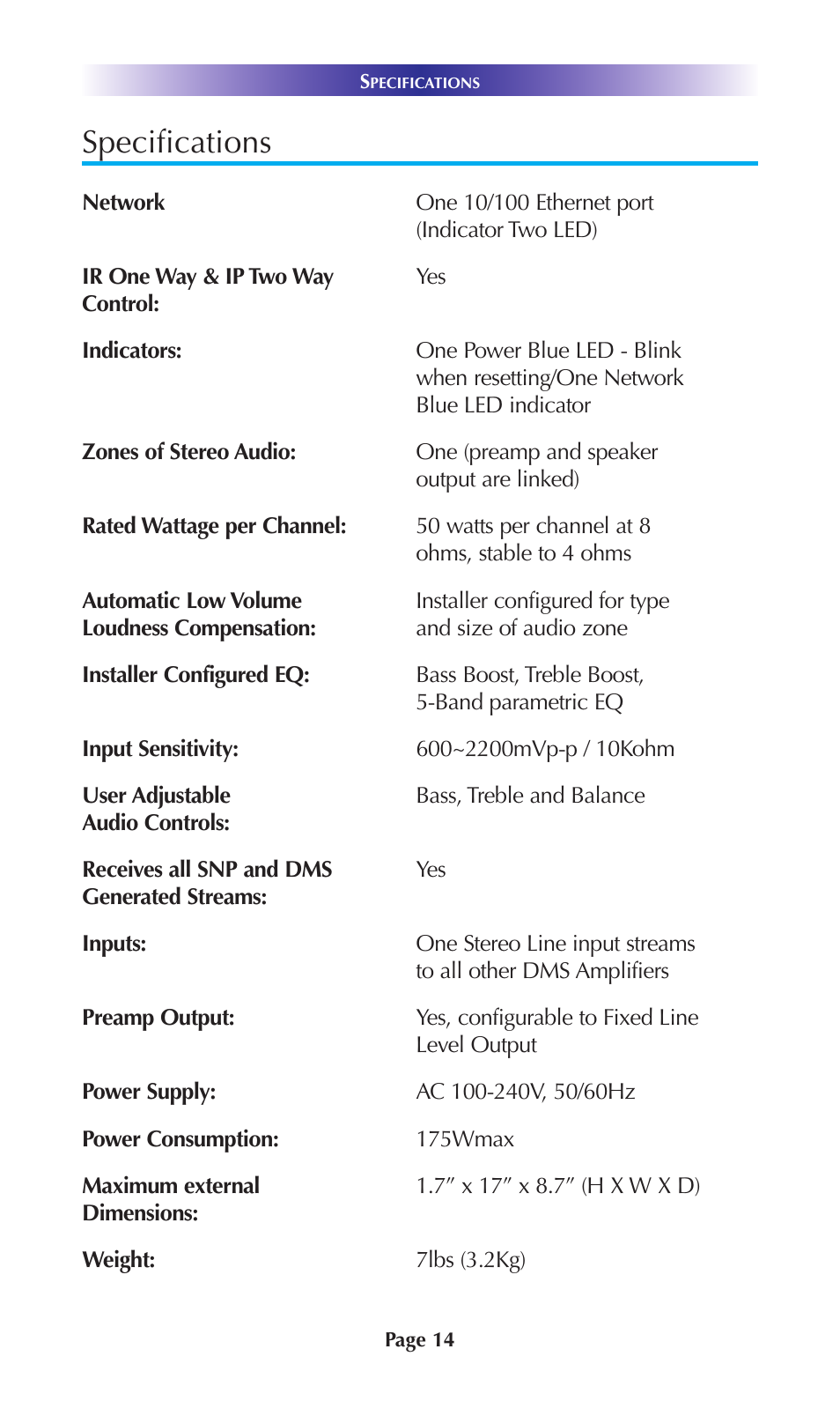 Specifications | Universal Remote Control (URS) DMS-100 User Manual | Page 16 / 20