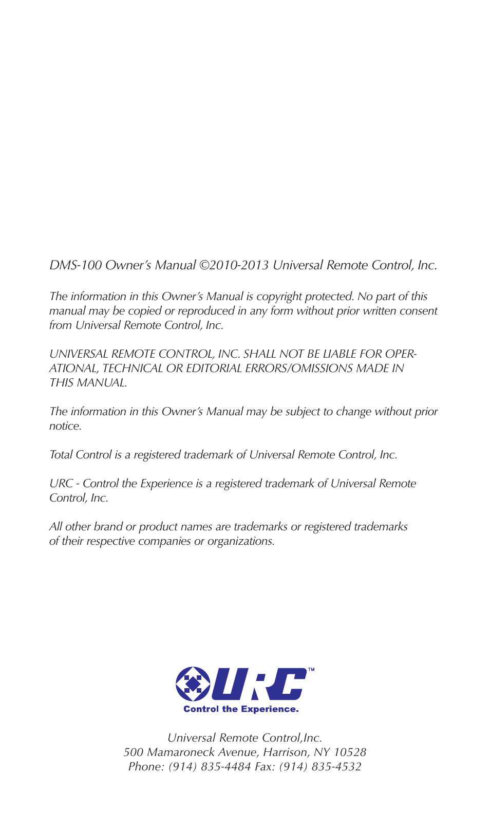 Universal Remote Control (URS) DMS-100 User Manual | Page 2 / 20