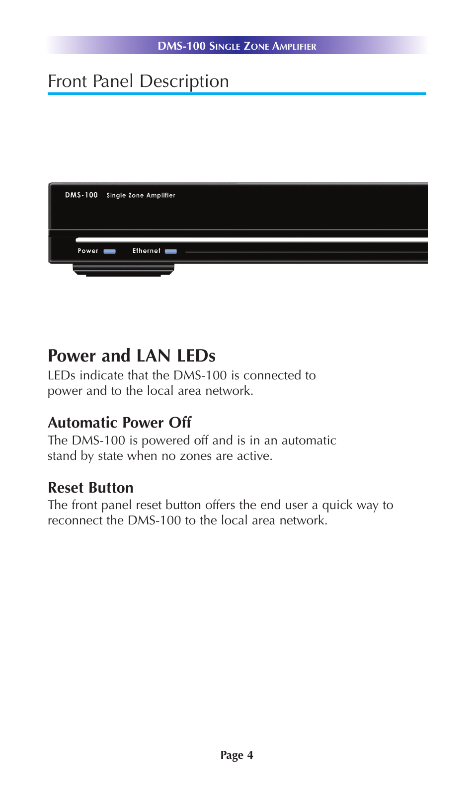 Front panel description power and lan leds, Automatic power off, Reset button | Universal Remote Control (URS) DMS-100 User Manual | Page 6 / 20