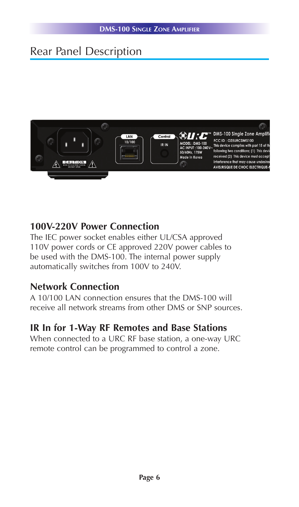 Rear panel description, Network connection, Ir in for 1-way rf remotes and base stations | Universal Remote Control (URS) DMS-100 User Manual | Page 8 / 20