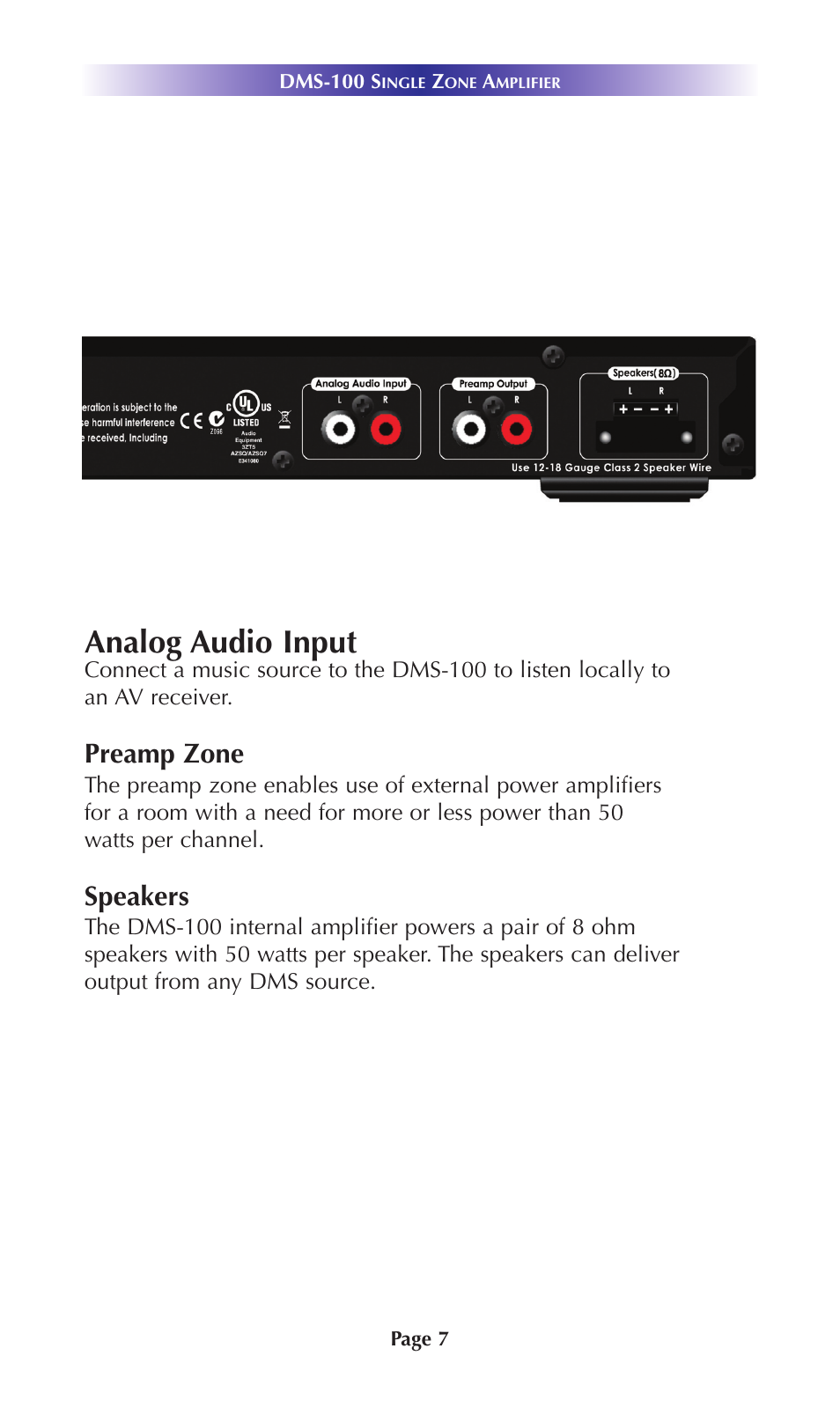 System features analog audio input, Preamp zone, Speakers | Universal Remote Control (URS) DMS-100 User Manual | Page 9 / 20