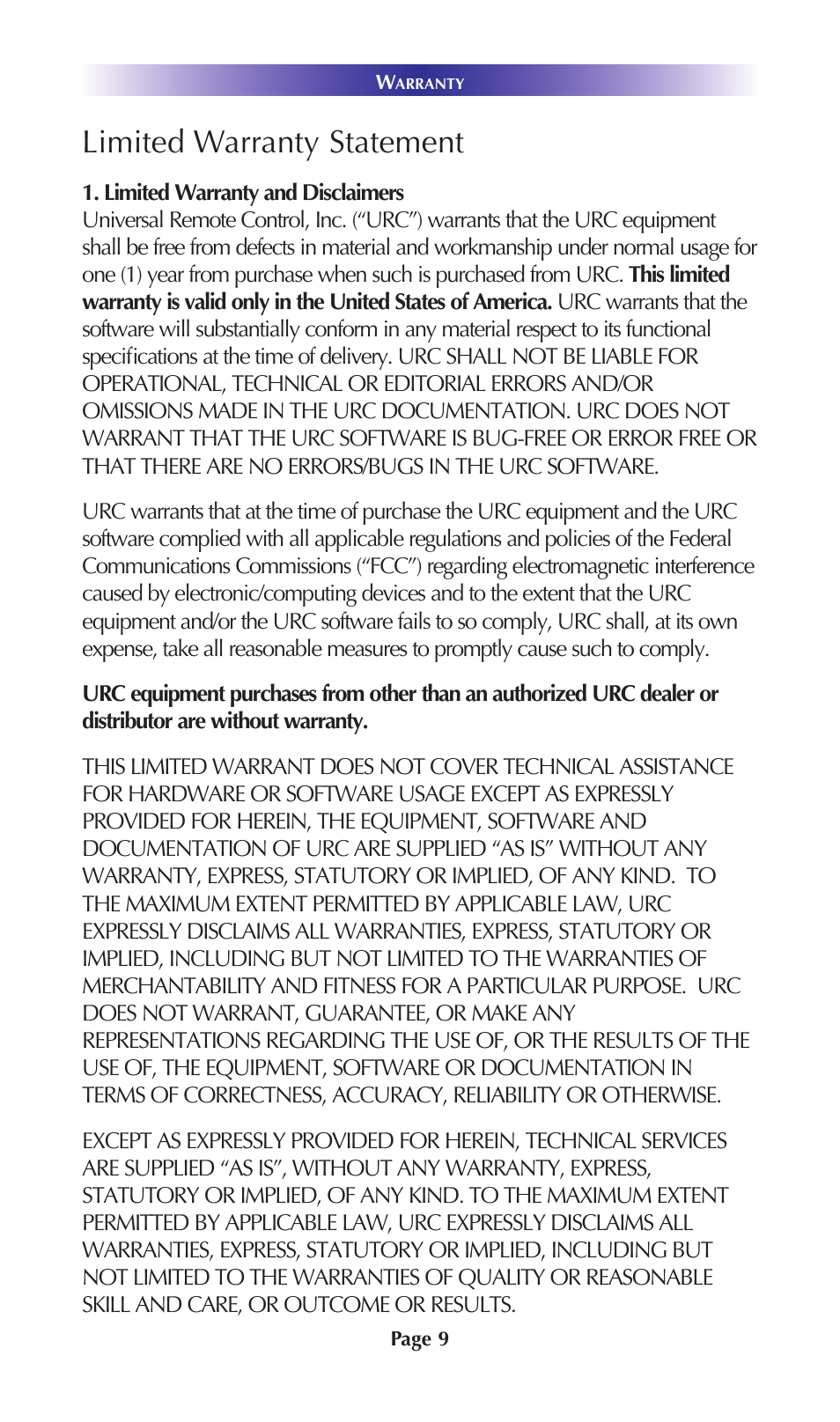 Limited warranty statement | Universal Remote Control (URS) DMS-1200 User Manual | Page 13 / 20
