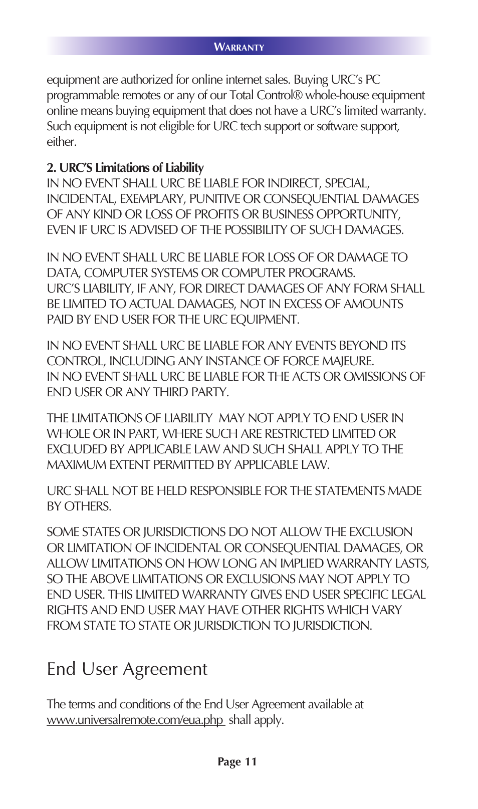 End user agreement | Universal Remote Control (URS) DMS-1200 User Manual | Page 15 / 20