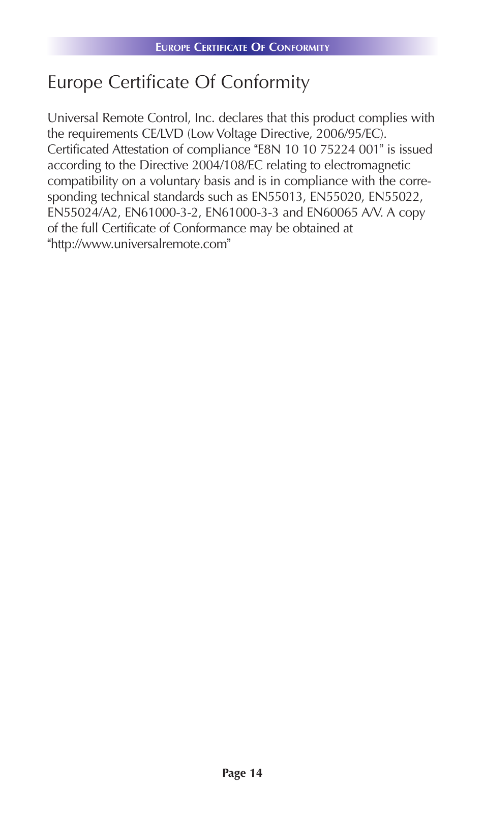 Europe certificate of conformity | Universal Remote Control (URS) DMS-1200 User Manual | Page 18 / 20