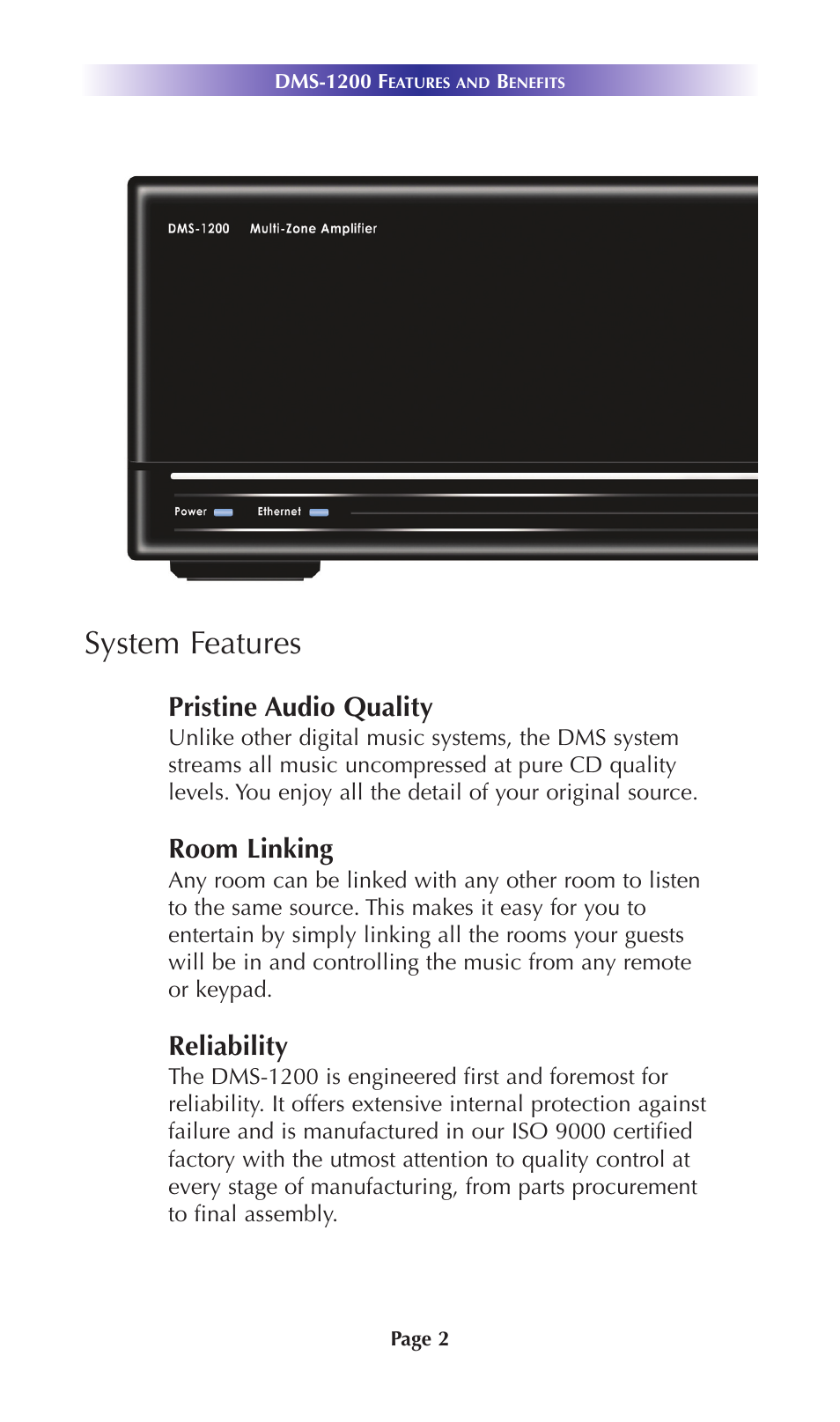 System features, Pristine audio quality, Room linking | Reliability | Universal Remote Control (URS) DMS-1200 User Manual | Page 6 / 20