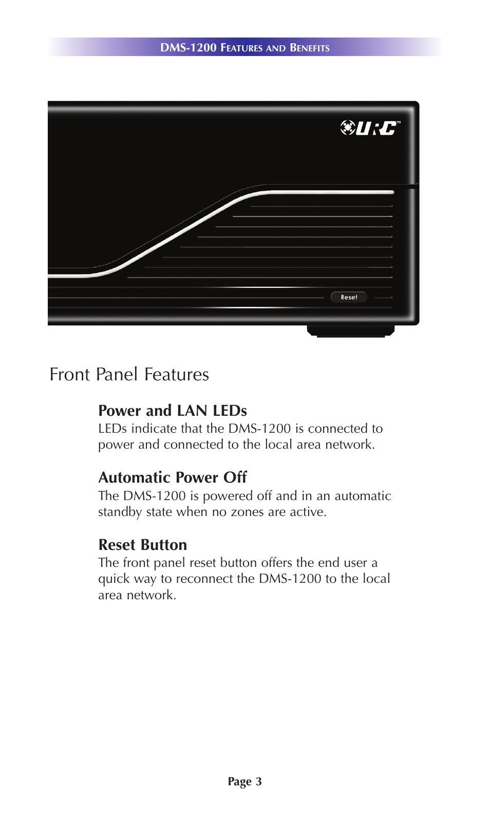 Front panel features, Power and lan leds, Automatic power off | Reset button | Universal Remote Control (URS) DMS-1200 User Manual | Page 7 / 20