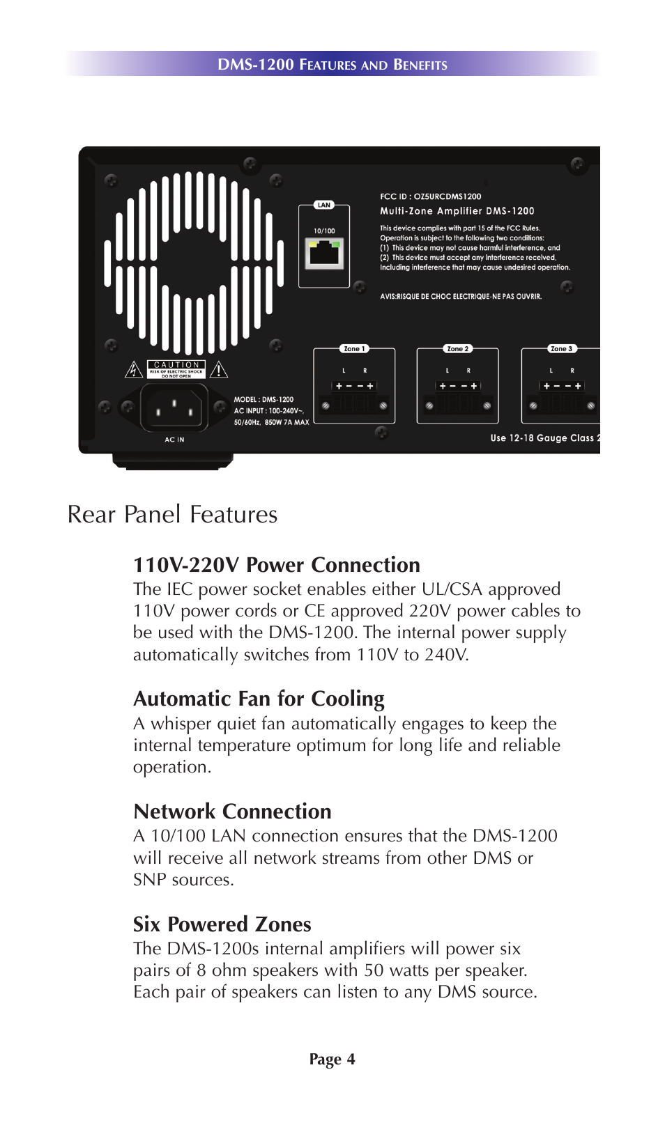 Rear panel features, Automatic fan for cooling, Network connection | Six powered zones | Universal Remote Control (URS) DMS-1200 User Manual | Page 8 / 20