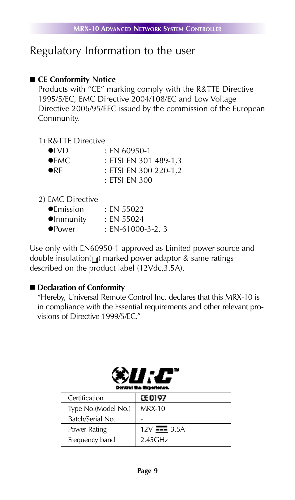 Regulatory information to the user | Universal Remote Control (URS) MRX-10 7.11.14 User Manual | Page 12 / 15