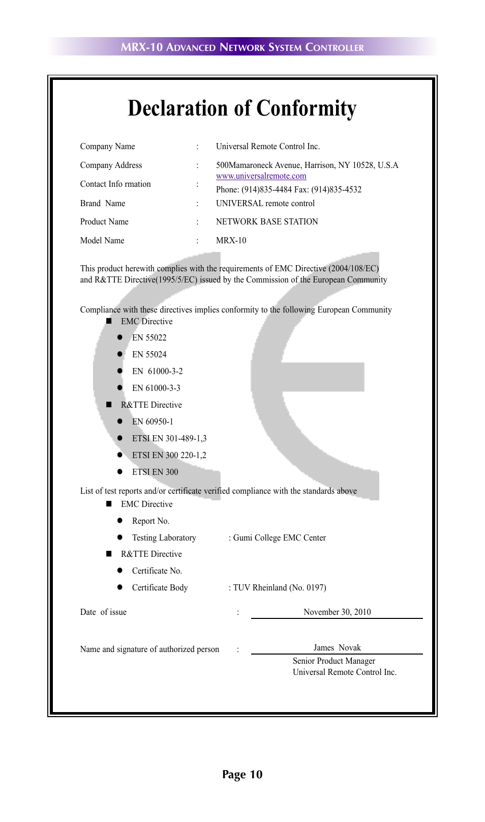 Declaration of conformity, Page 10 mrx-10 a | Universal Remote Control (URS) MRX-10 7.11.14 User Manual | Page 13 / 15