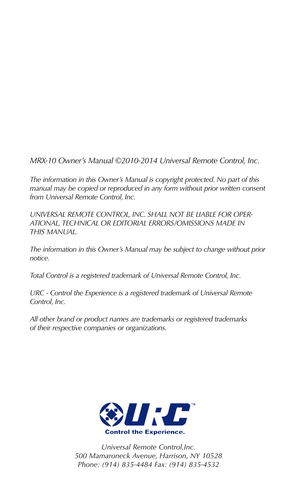Universal Remote Control (URS) MRX-10 7.11.14 User Manual | Page 2 / 15