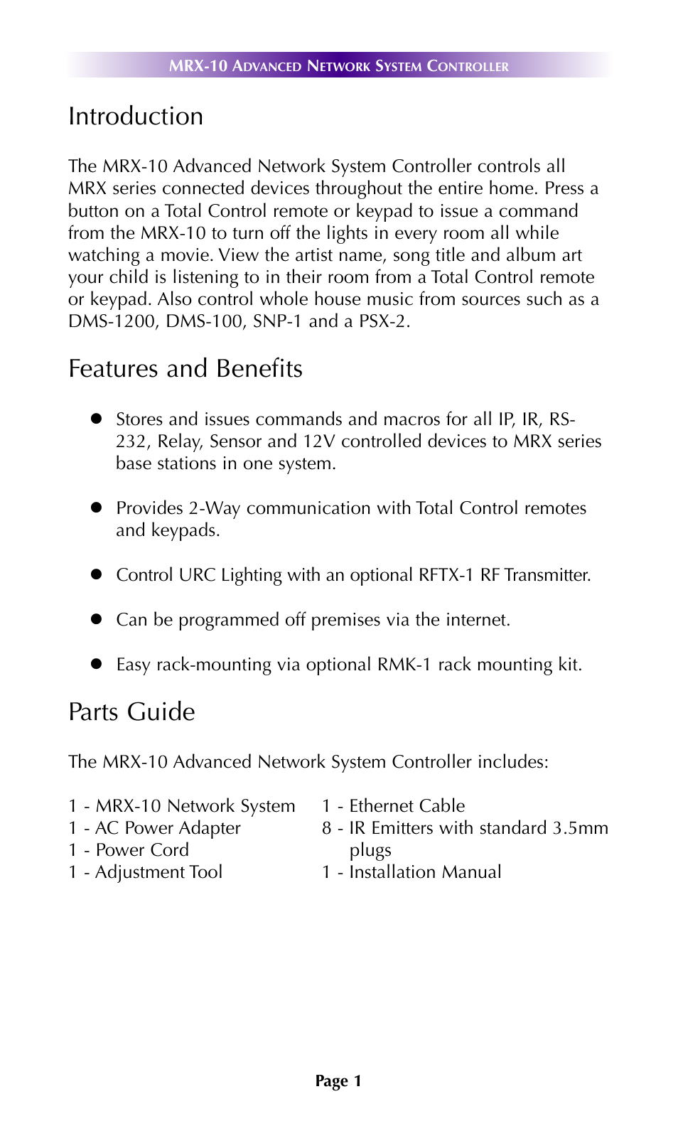 Introduction, Features and benefits, Parts guide | Universal Remote Control (URS) MRX-10 7.11.14 User Manual | Page 4 / 15