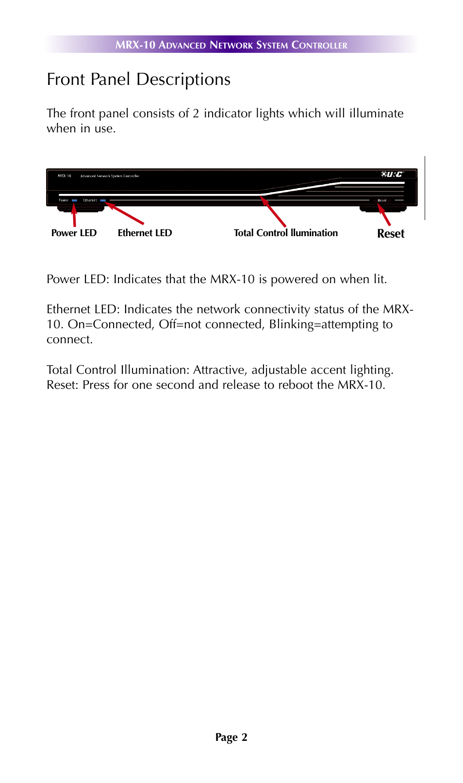 Front panel descriptions | Universal Remote Control (URS) MRX-10 7.11.14 User Manual | Page 5 / 15