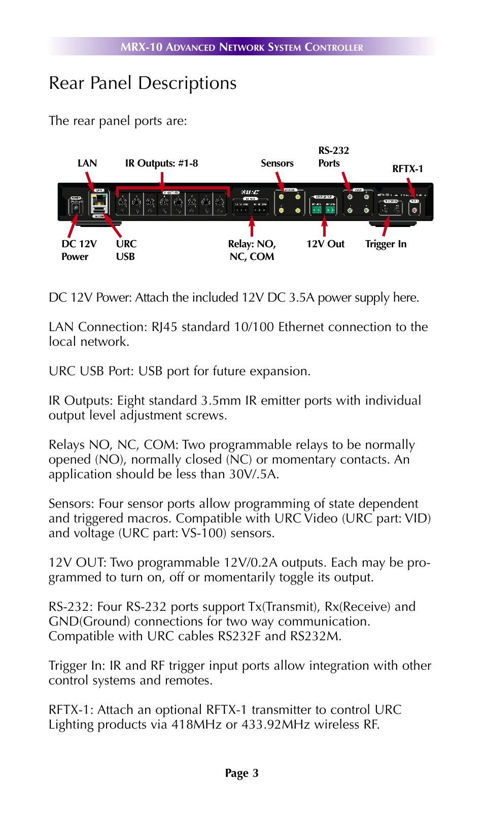 Rear panel descriptions | Universal Remote Control (URS) MRX-10 7.11.14 User Manual | Page 6 / 15