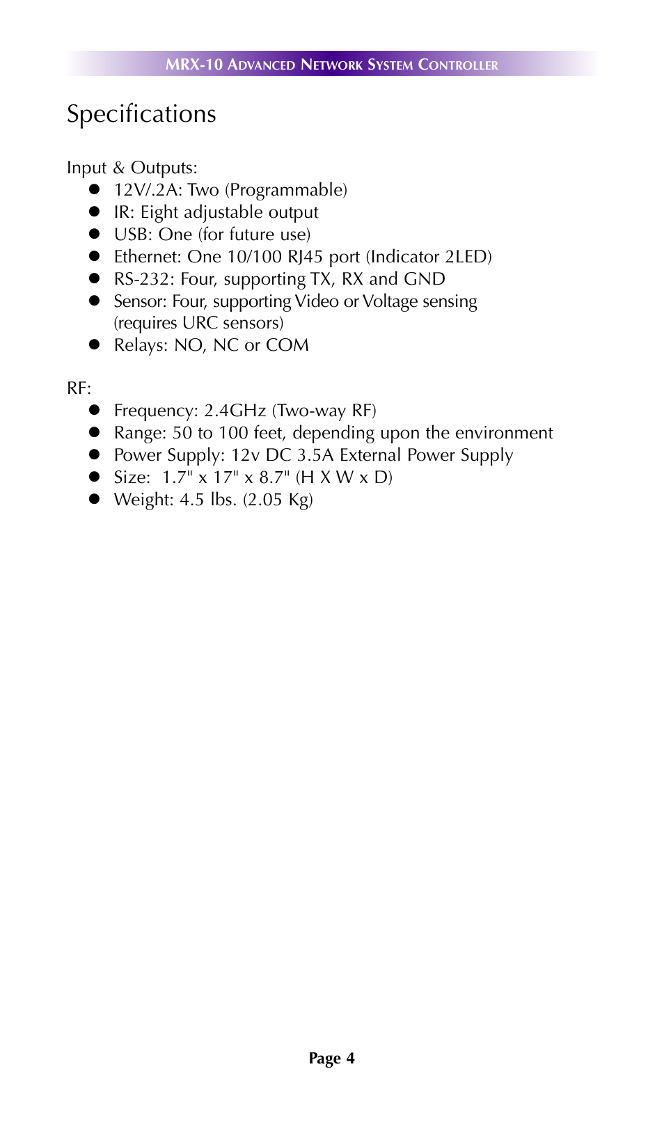 Specifications | Universal Remote Control (URS) MRX-10 7.11.14 User Manual | Page 7 / 15