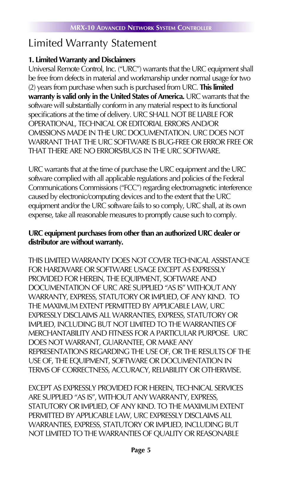 Limited warranty statement | Universal Remote Control (URS) MRX-10 7.11.14 User Manual | Page 8 / 15