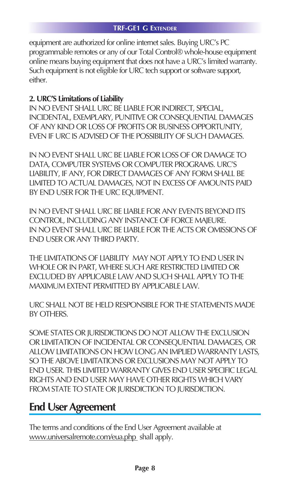 End user agreement | Universal Remote Control (URS) MRX-2 7.11.14 User Manual | Page 11 / 19