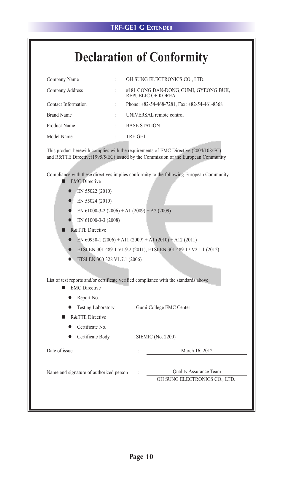 Declaration of conformity, Page 10 trf-ge1 g e | Universal Remote Control (URS) MRX-2 7.11.14 User Manual | Page 13 / 19
