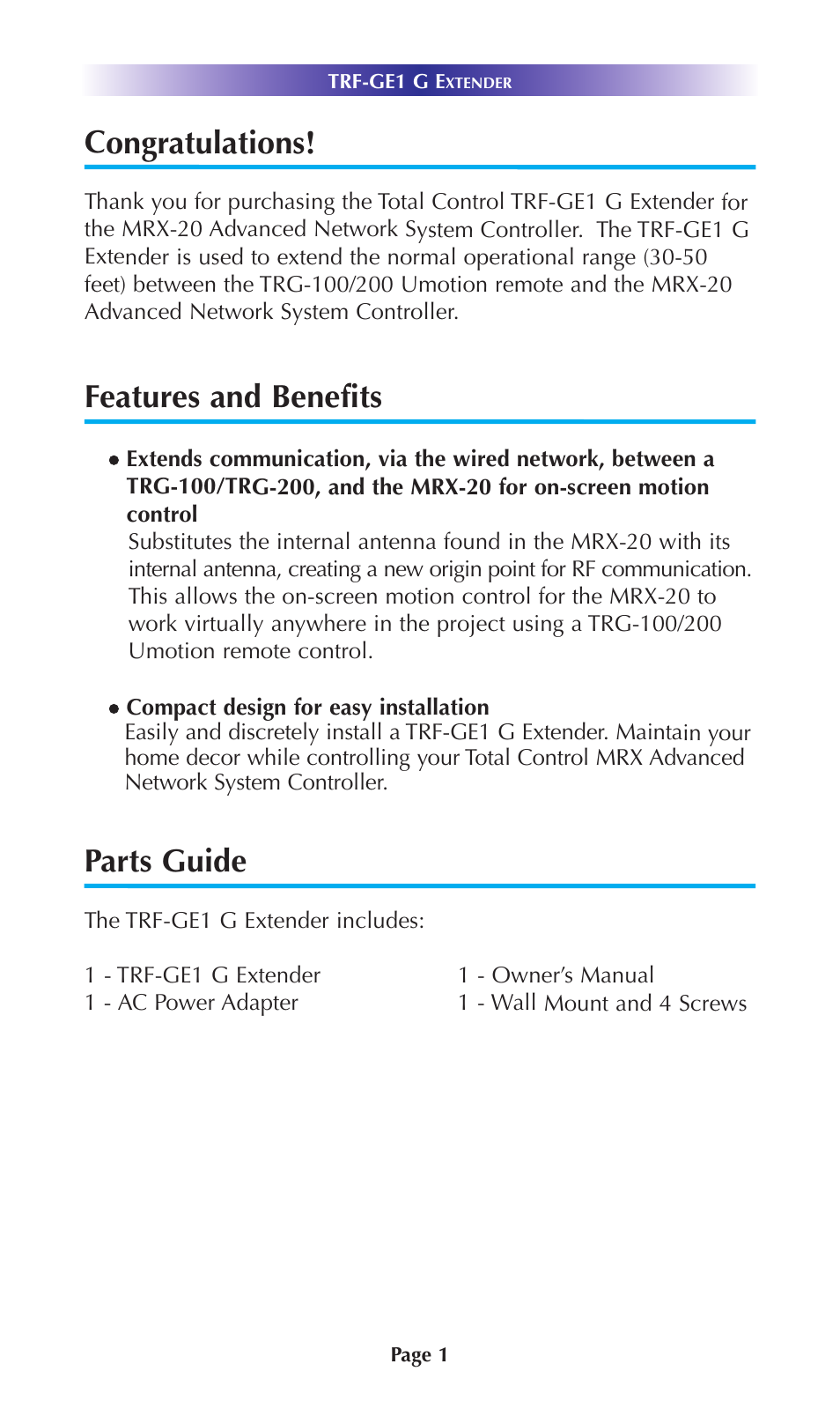 Congratulations, Features and benefits, Parts guide | Universal Remote Control (URS) MRX-2 7.11.14 User Manual | Page 4 / 19