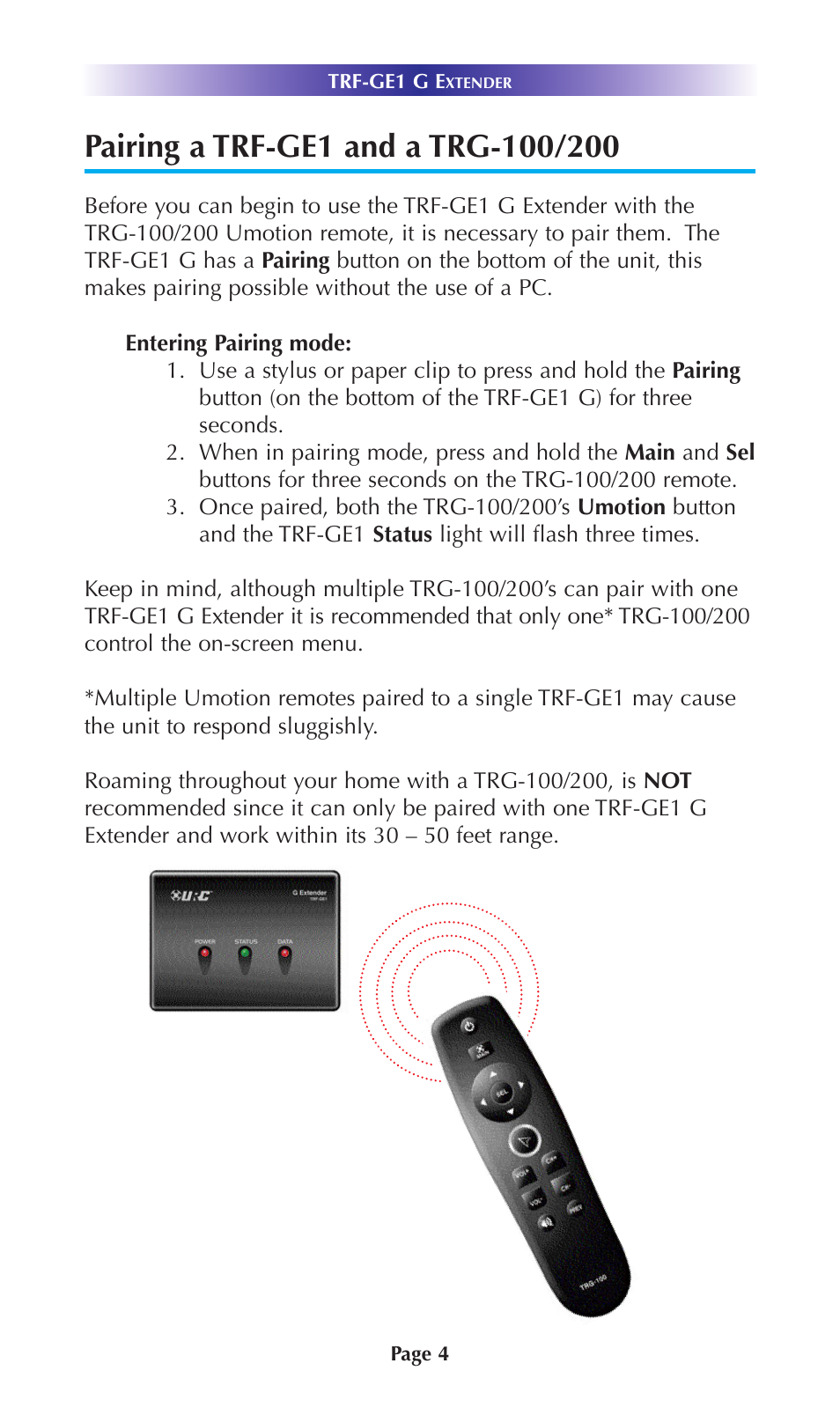 Pairing a trf-ge1 and a trg-100/200 | Universal Remote Control (URS) MRX-2 7.11.14 User Manual | Page 7 / 19