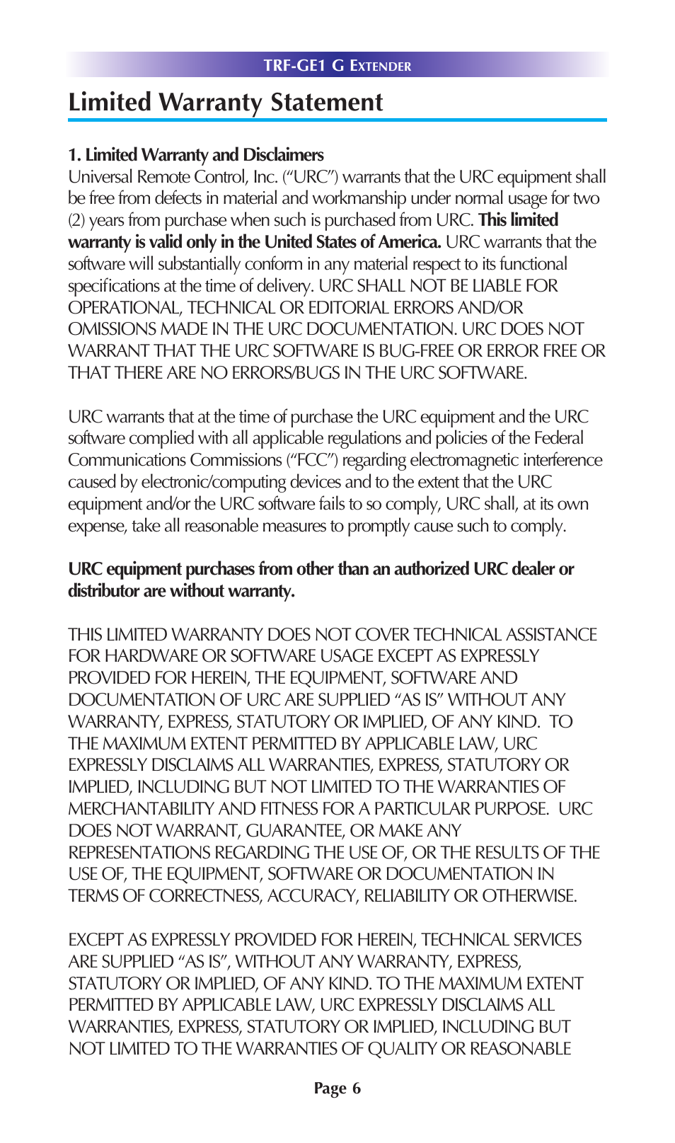 Limited warranty statement | Universal Remote Control (URS) MRX-2 7.11.14 User Manual | Page 9 / 19
