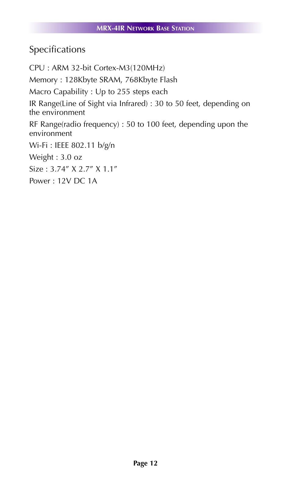 Specifications | Universal Remote Control (URS) MRX-4IR 7.11.14 User Manual | Page 15 / 19