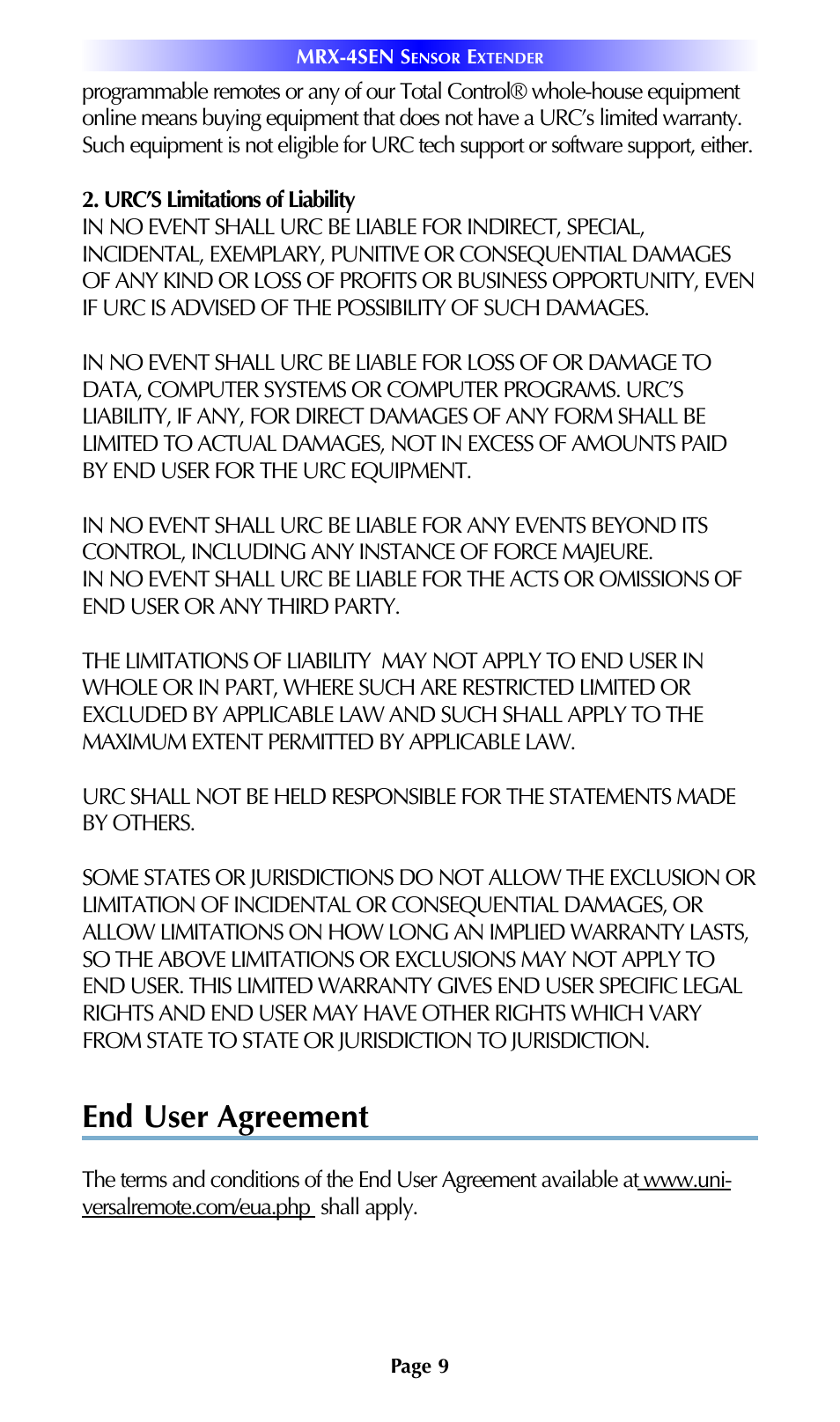 End user agreement | Universal Remote Control (URS) MRX-4SEN 7.11.14 User Manual | Page 12 / 20