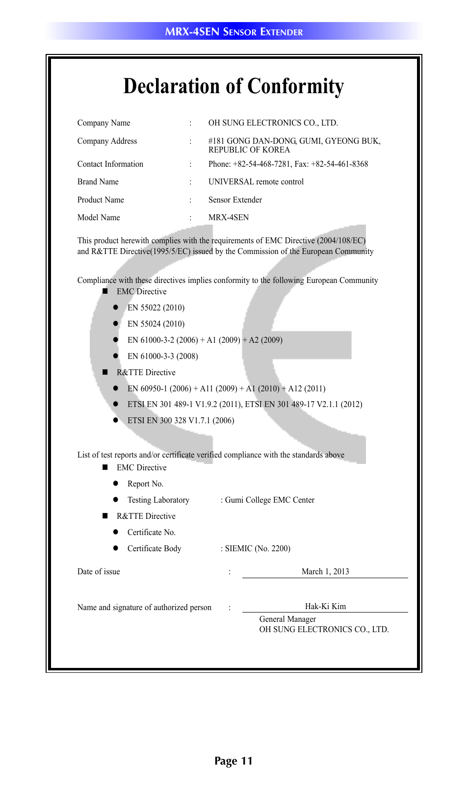 Declaration of conformity, Page 11 mrx-4sen s | Universal Remote Control (URS) MRX-4SEN 7.11.14 User Manual | Page 14 / 20