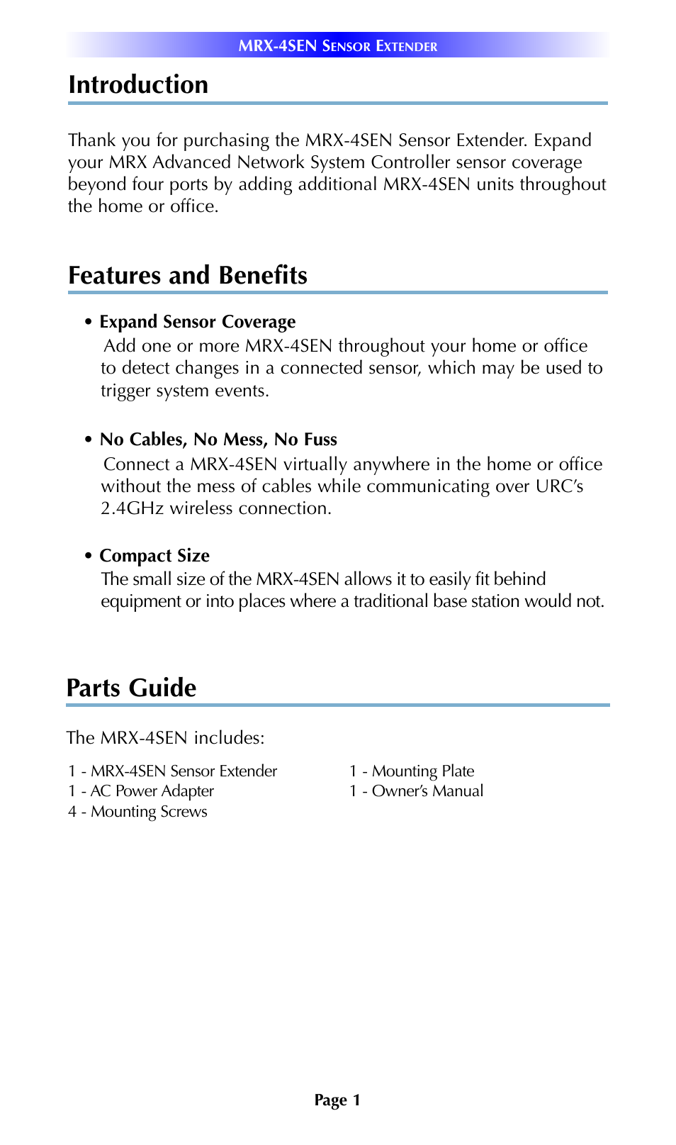 Parts guide, Introduction, Features and benefits | Universal Remote Control (URS) MRX-4SEN 7.11.14 User Manual | Page 4 / 20