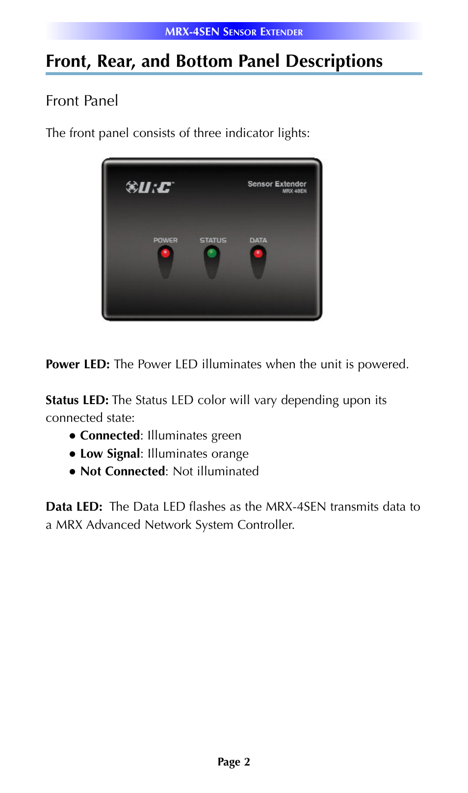 Front, rear, and bottom panel descriptions, Front panel | Universal Remote Control (URS) MRX-4SEN 7.11.14 User Manual | Page 5 / 20