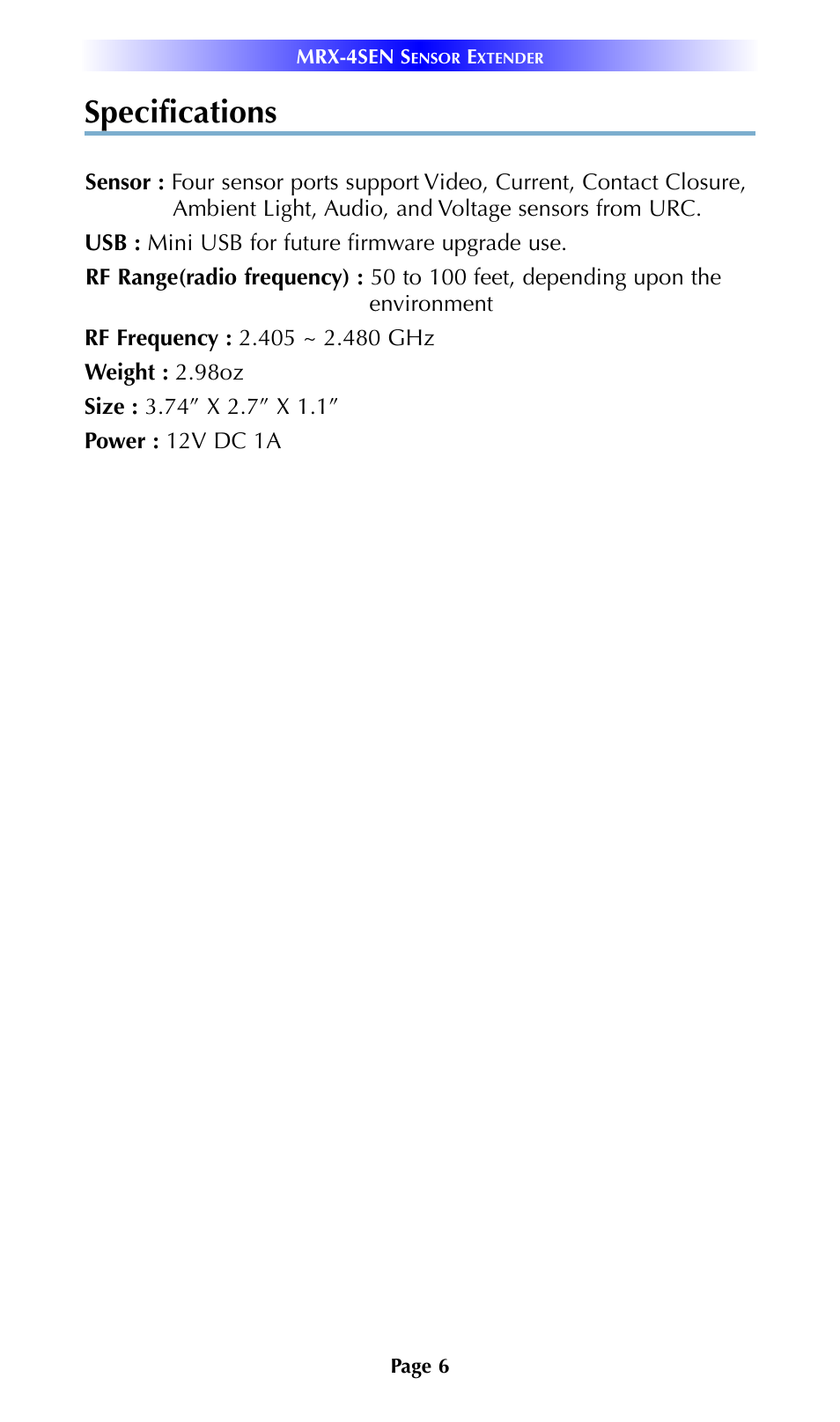 Specifications | Universal Remote Control (URS) MRX-4SEN 7.11.14 User Manual | Page 9 / 20