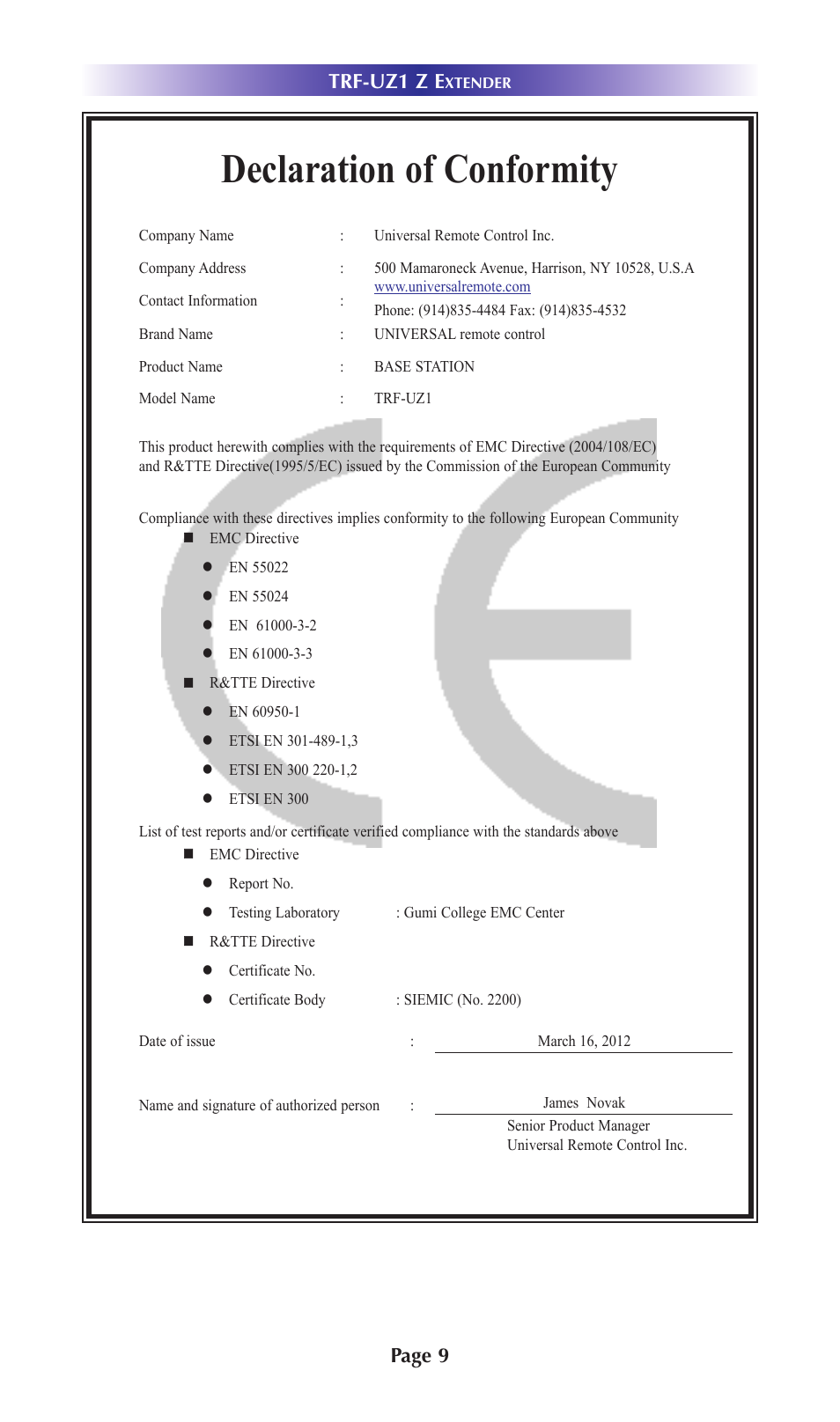 Declaration of conformity, Page 9 trf-uz1 z e | Universal Remote Control (URS) TRF-UZ1 7.10.14 User Manual | Page 12 / 17