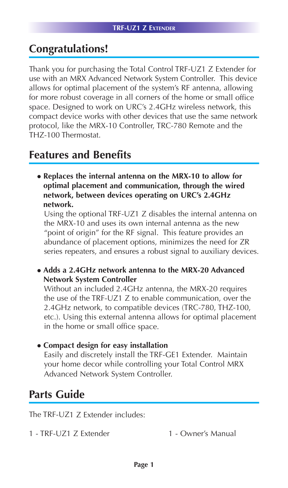 Congratulations, Features and benefits, Parts guide | Universal Remote Control (URS) TRF-UZ1 7.10.14 User Manual | Page 4 / 17