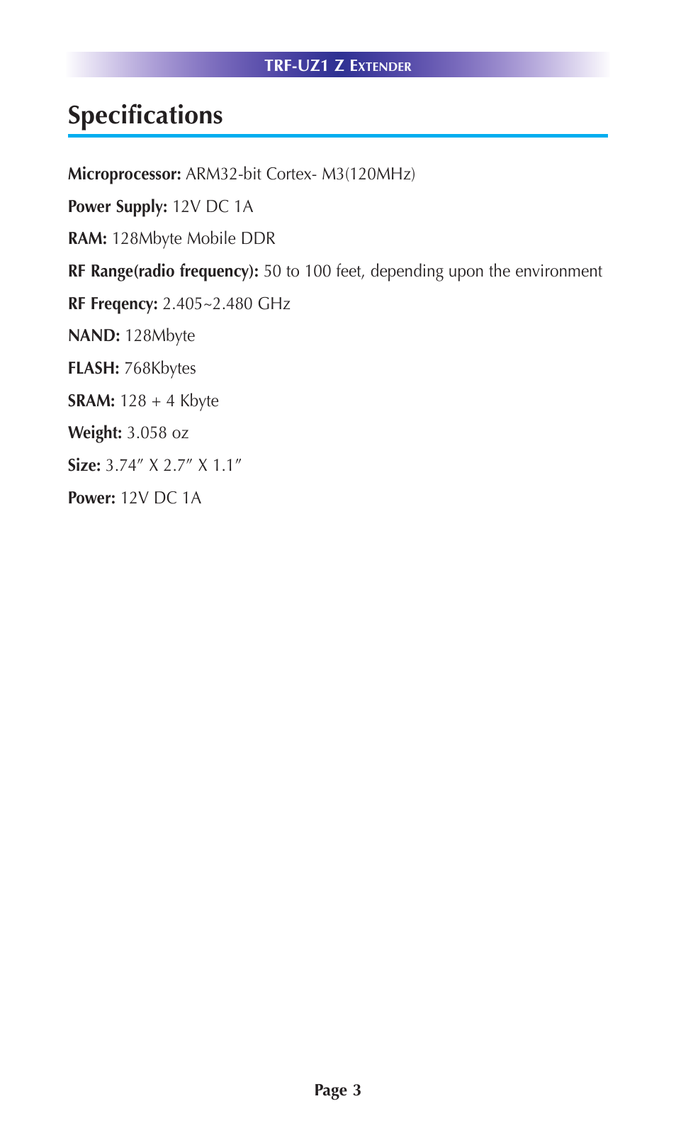 Specifications | Universal Remote Control (URS) TRF-UZ1 7.10.14 User Manual | Page 6 / 17